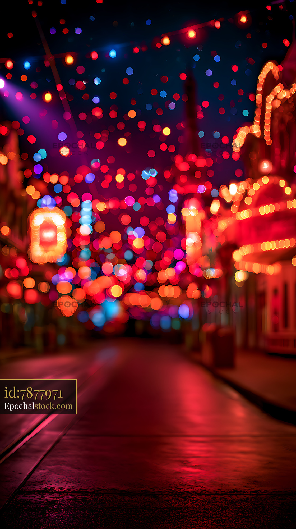 Watermarked full-resolution preview of Colorful bokeh lights glowing over a wet urban street at night