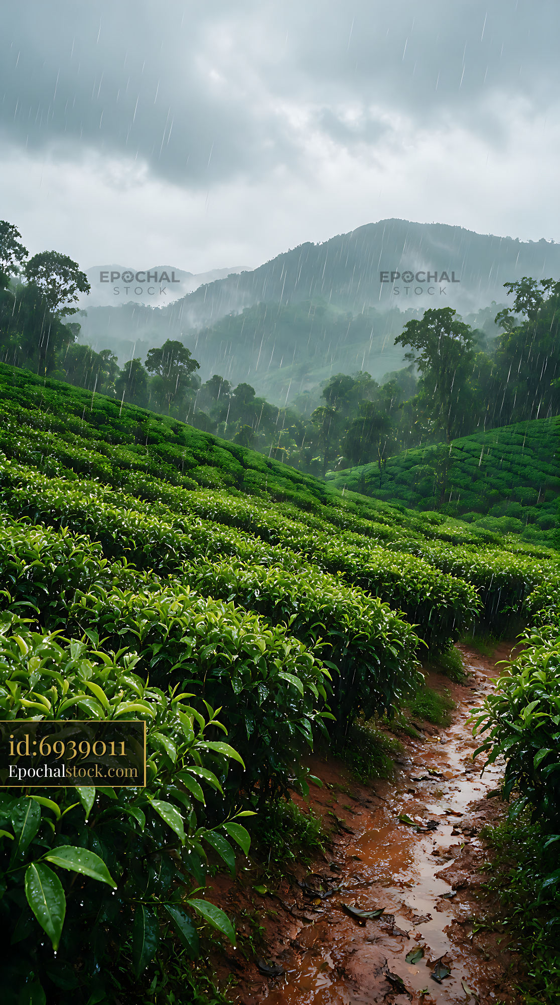 Watermarked full-resolution preview of Lush tea fields beneath rainy mountain slopes
