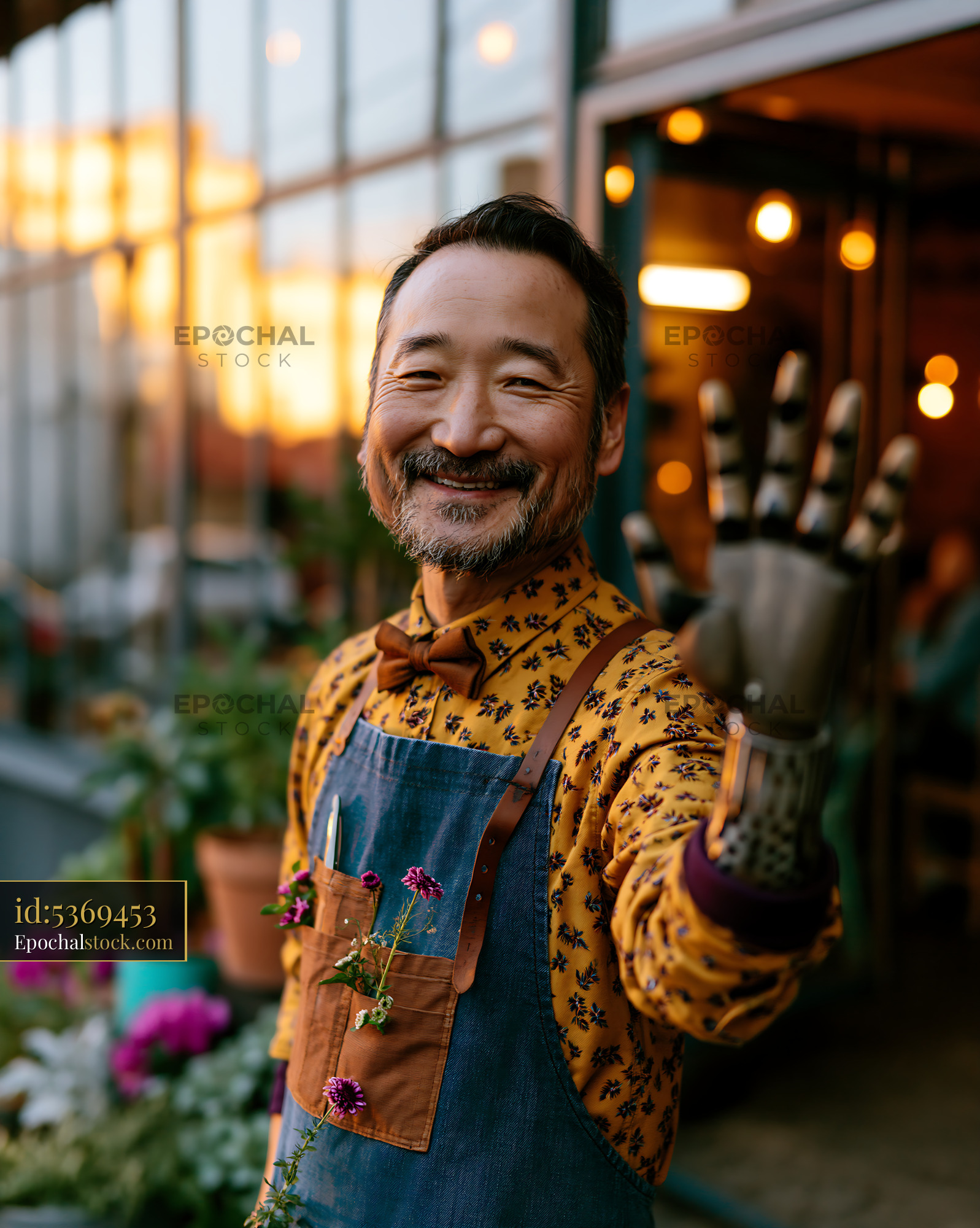 Watermarked full-resolution preview of Happy florist with flowers in a warm garden shop
