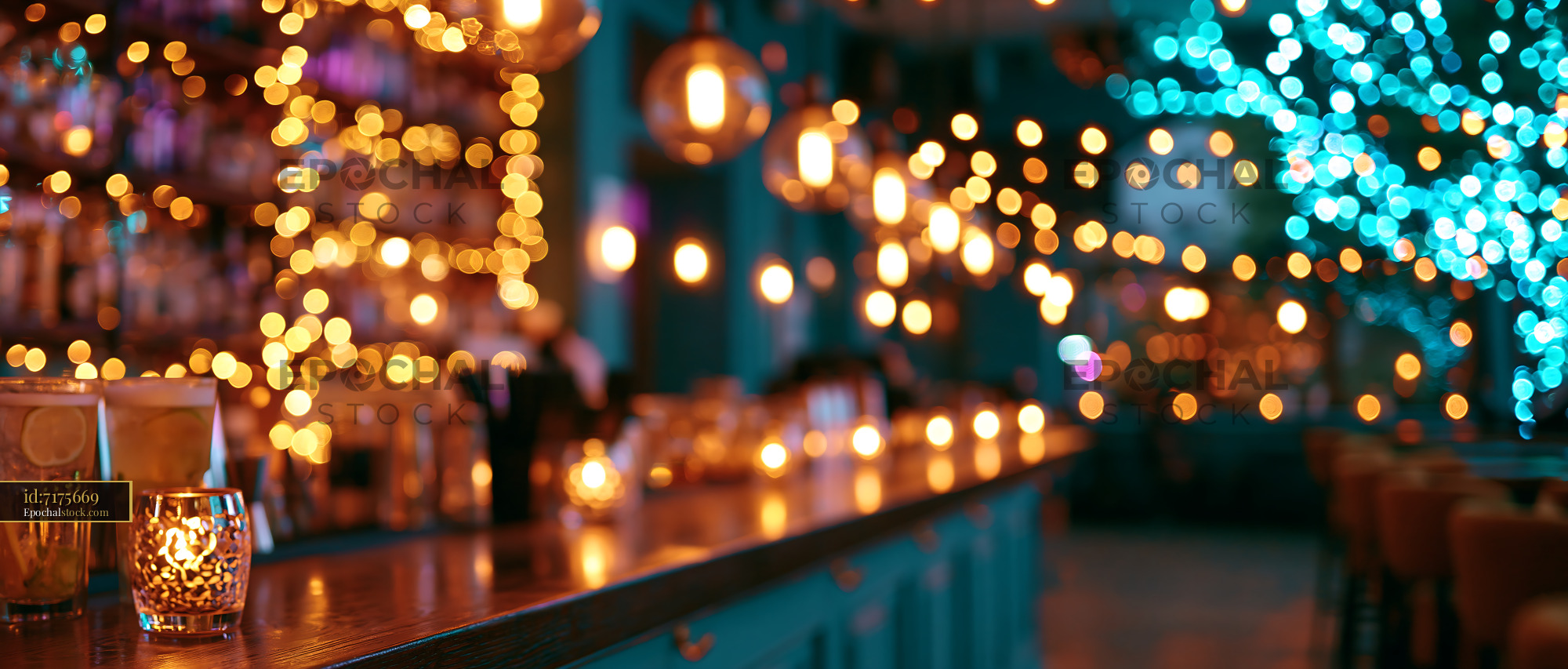 Watermarked full-resolution preview of Warm lights illuminate a cozy bar setting at night