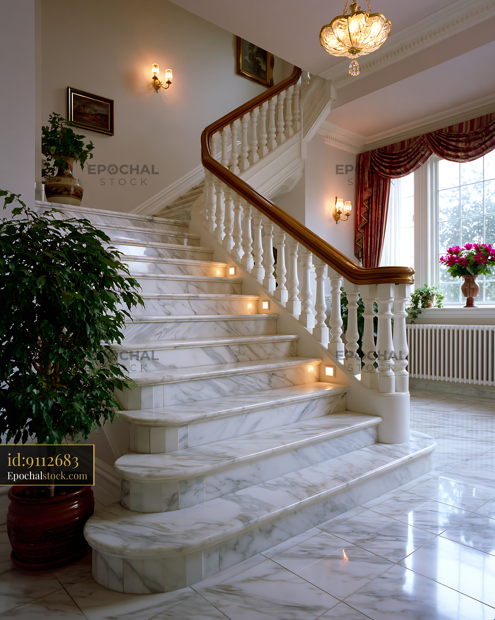 Watermarked full-resolution preview of Elegant staircase with marble steps in a well-lit hallway