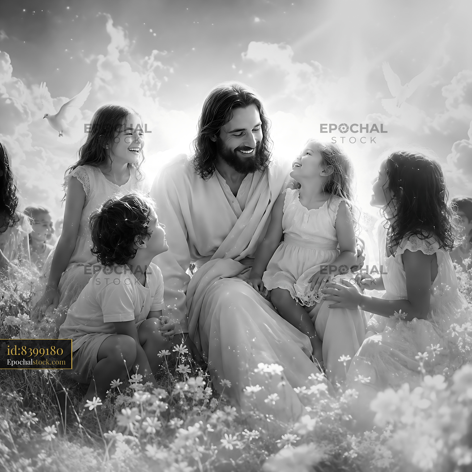 Jesus Interacting With Children in a Field With Flowers - stock photo