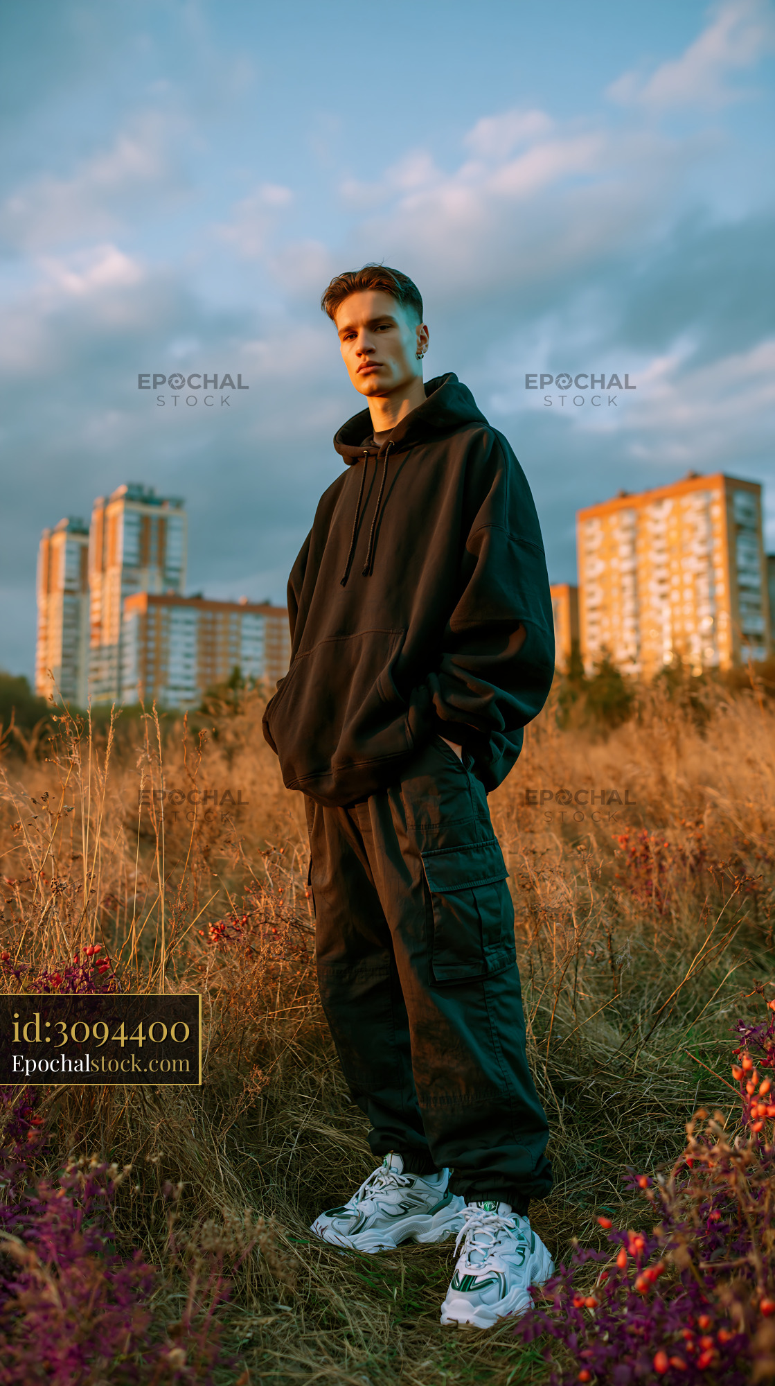 Watermarked full-resolution preview of Young man standing in a field with buildings in the background