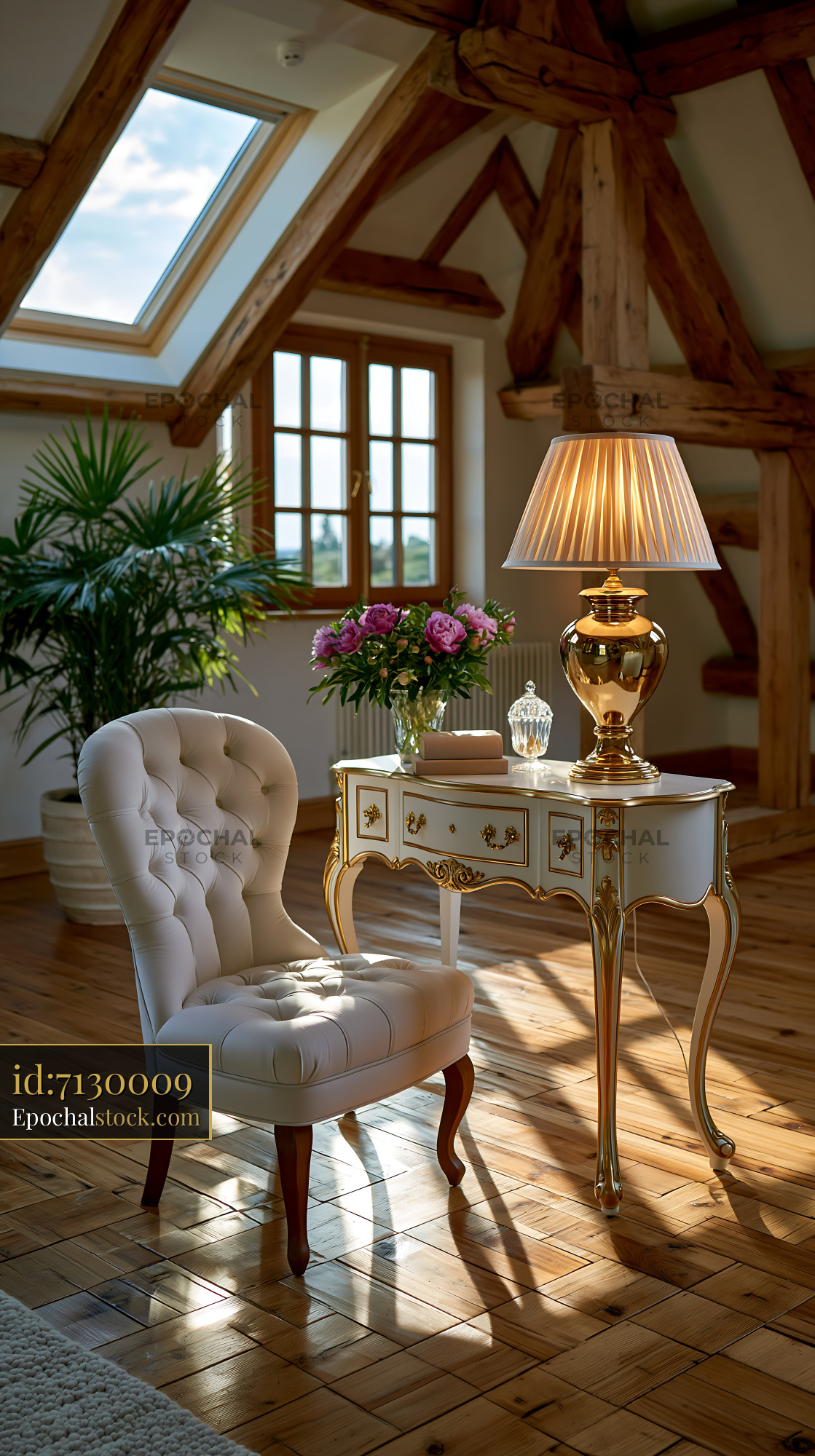 Watermarked full-resolution preview of Elegant room with chair and table in sunny interior