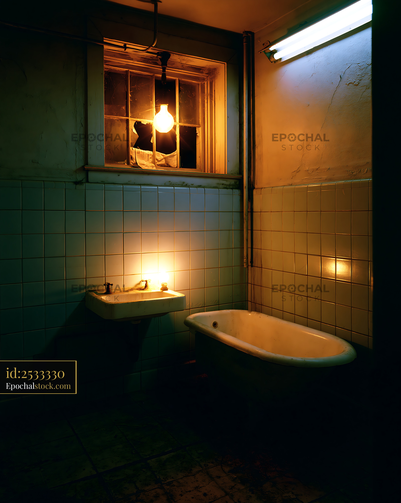 Watermarked full-resolution preview of Atmospheric old bathroom with bathtub, tiles, and warm lighting