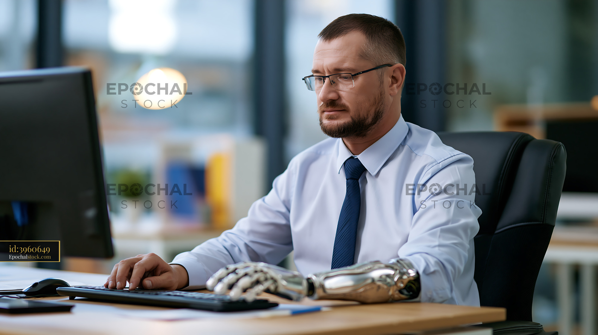 Watermarked full-resolution preview of Man working beside a robotic hand at an office computer
