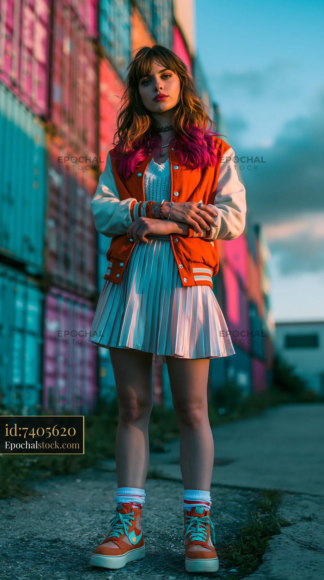 Watermarked full-resolution preview of Young woman standing near colorful shipping containers