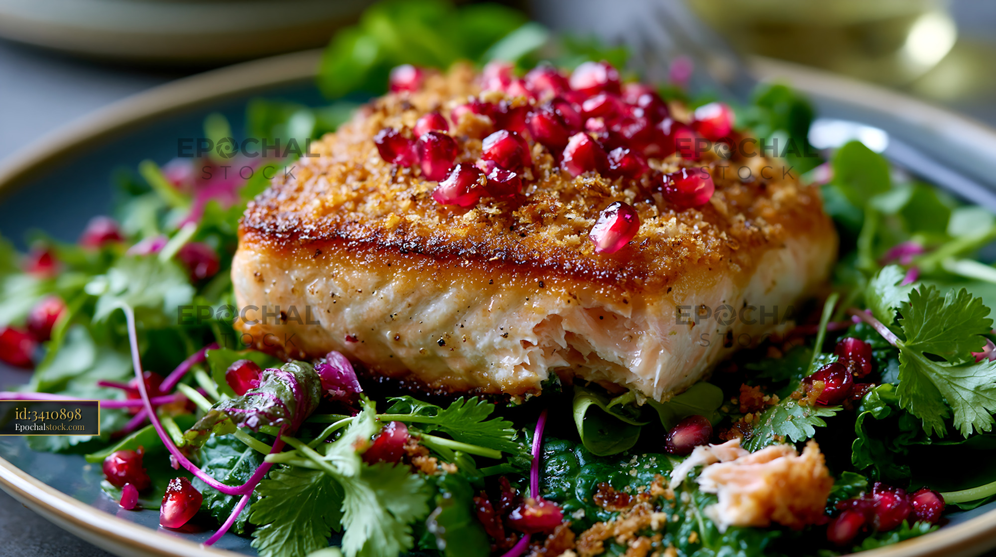 Watermarked full-resolution preview of Delicious salmon fillet on a bed of fresh greens with pomegranate