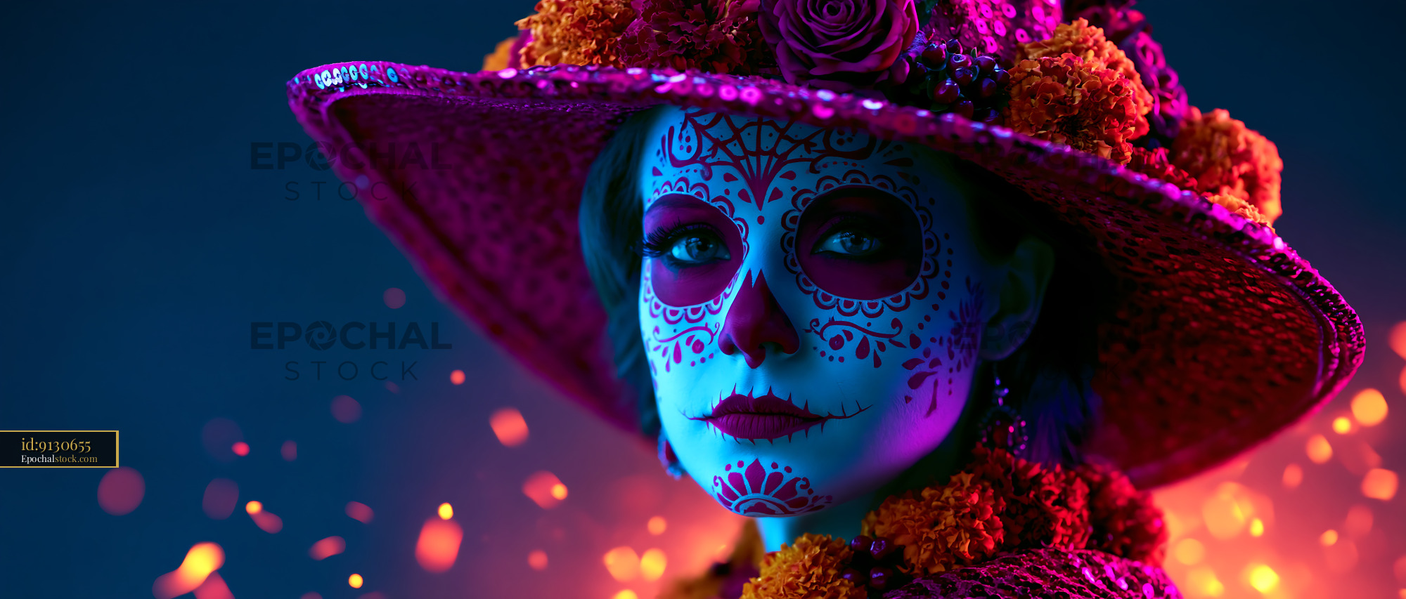 Watermarked full-resolution preview of Colorful sugar skull makeup portrait with floral wide-brimmed hat