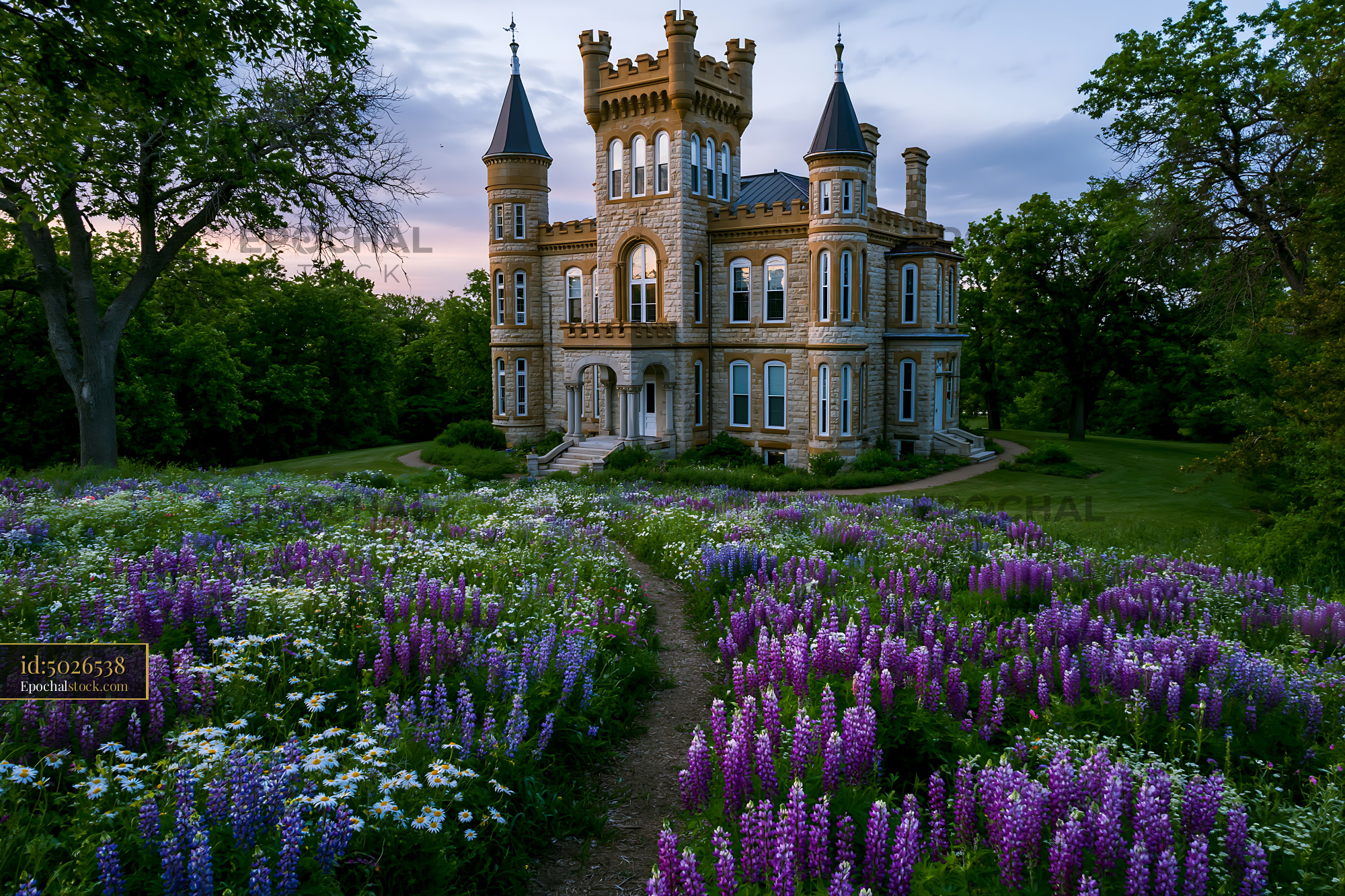 Watermarked full-resolution preview of Lush gardens surround a historic castle at dusk