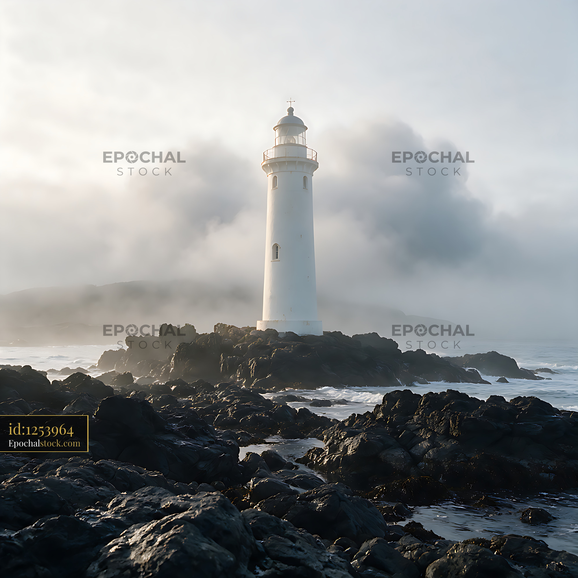 White lighthouse on a foggy rocky coast - stock photo
