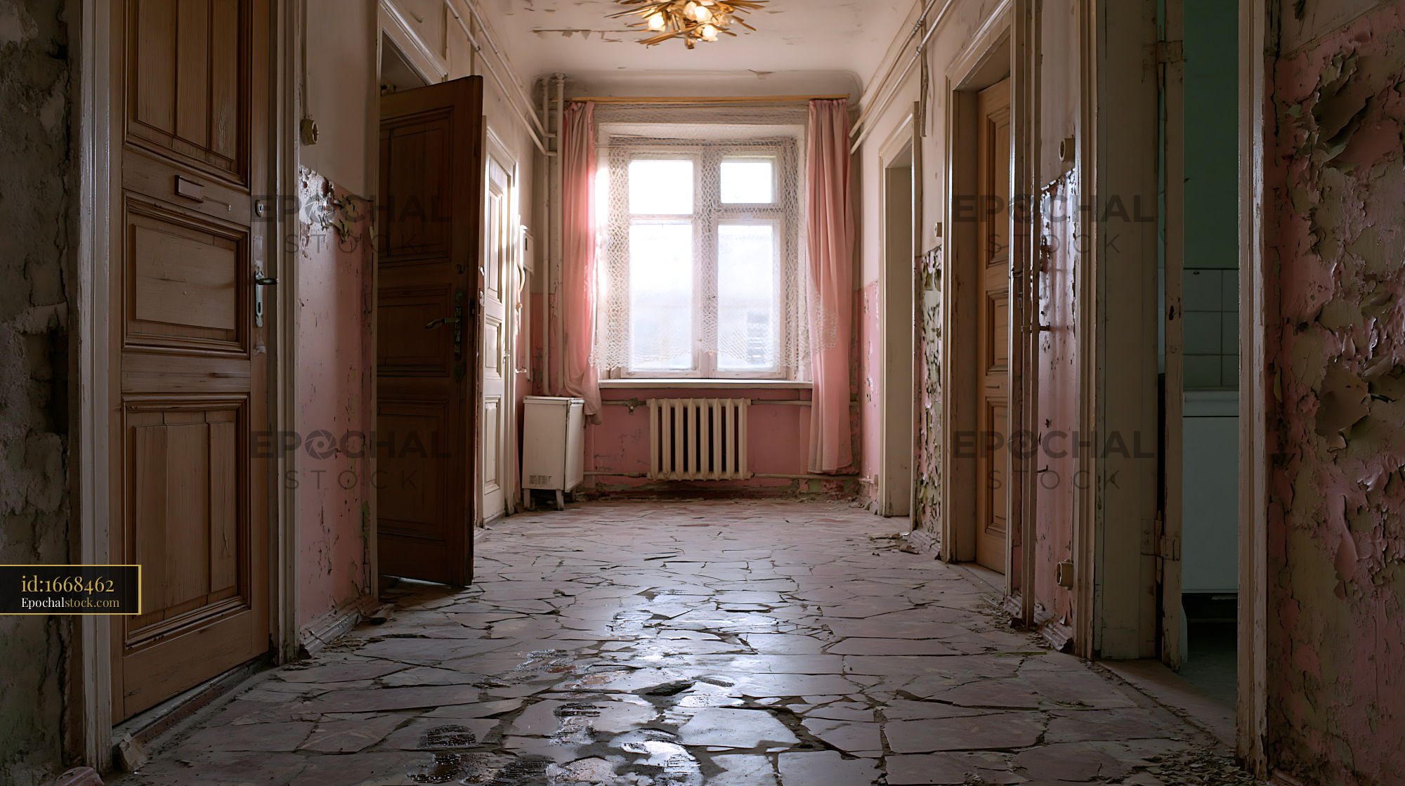 Watermarked full-resolution preview of Abandoned corridor with broken tiles and peeling walls