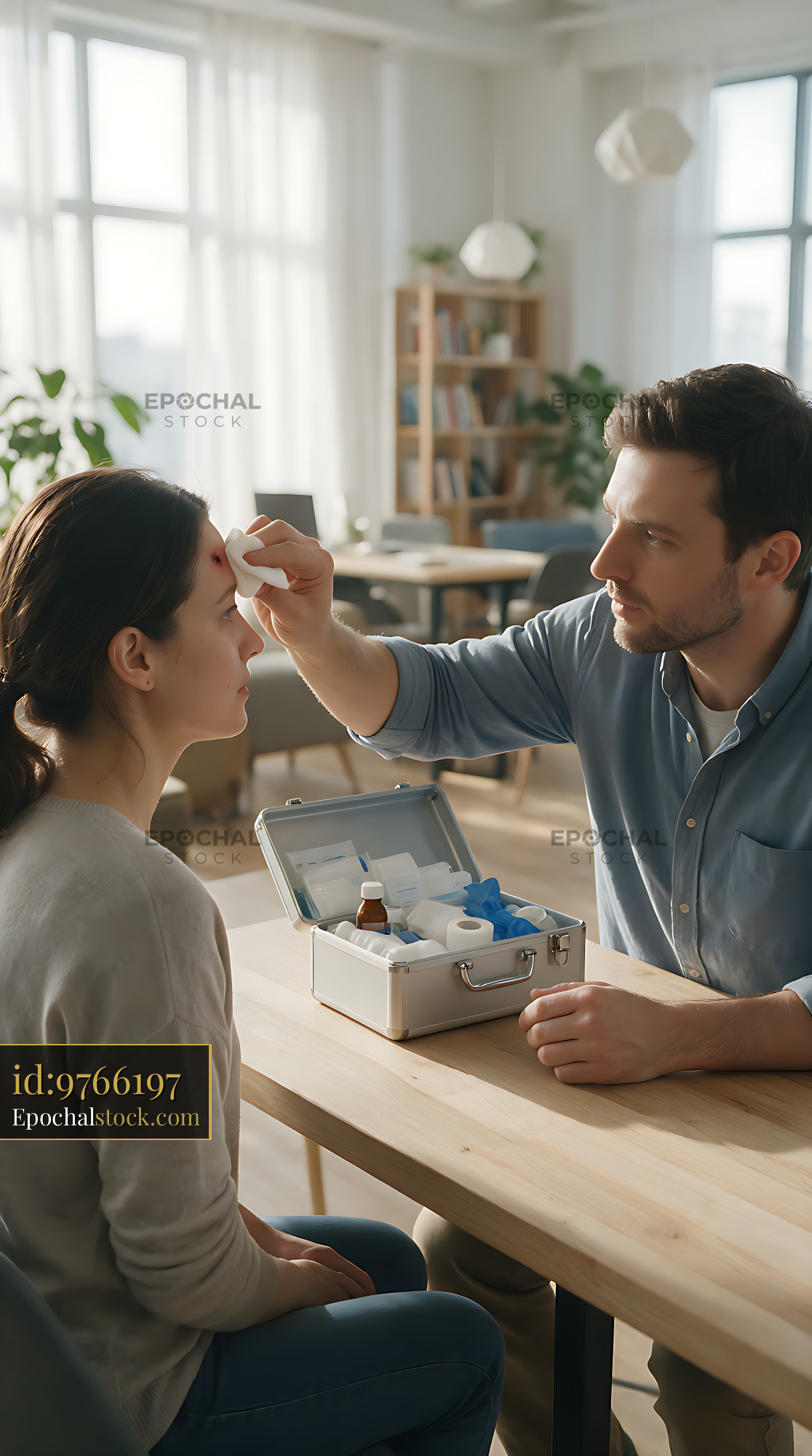 Watermarked full-resolution preview of Coworkers providing first aid for an eye injury
