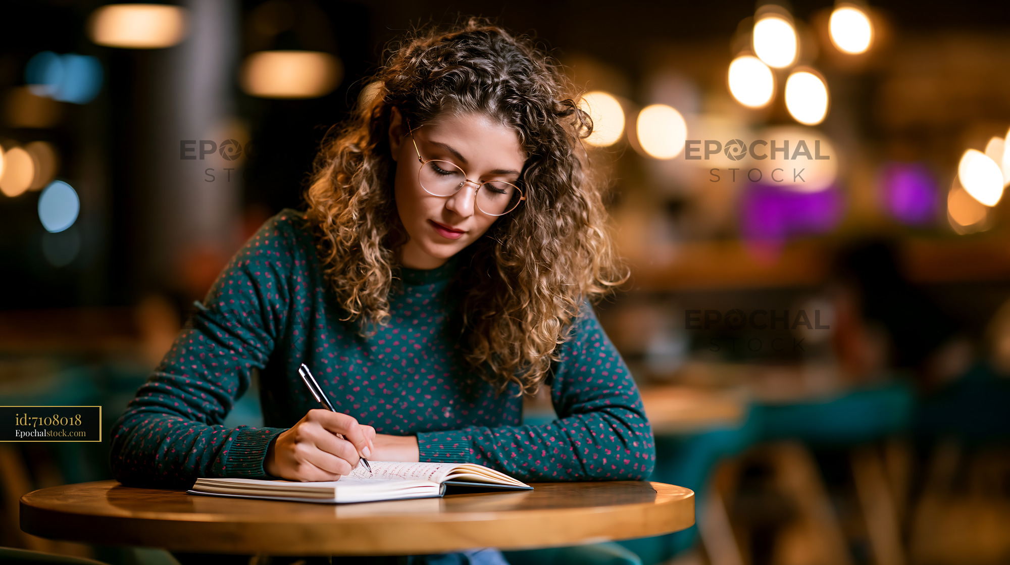 Watermarked full-resolution preview of Woman with glasses journaling in a cozy cafe