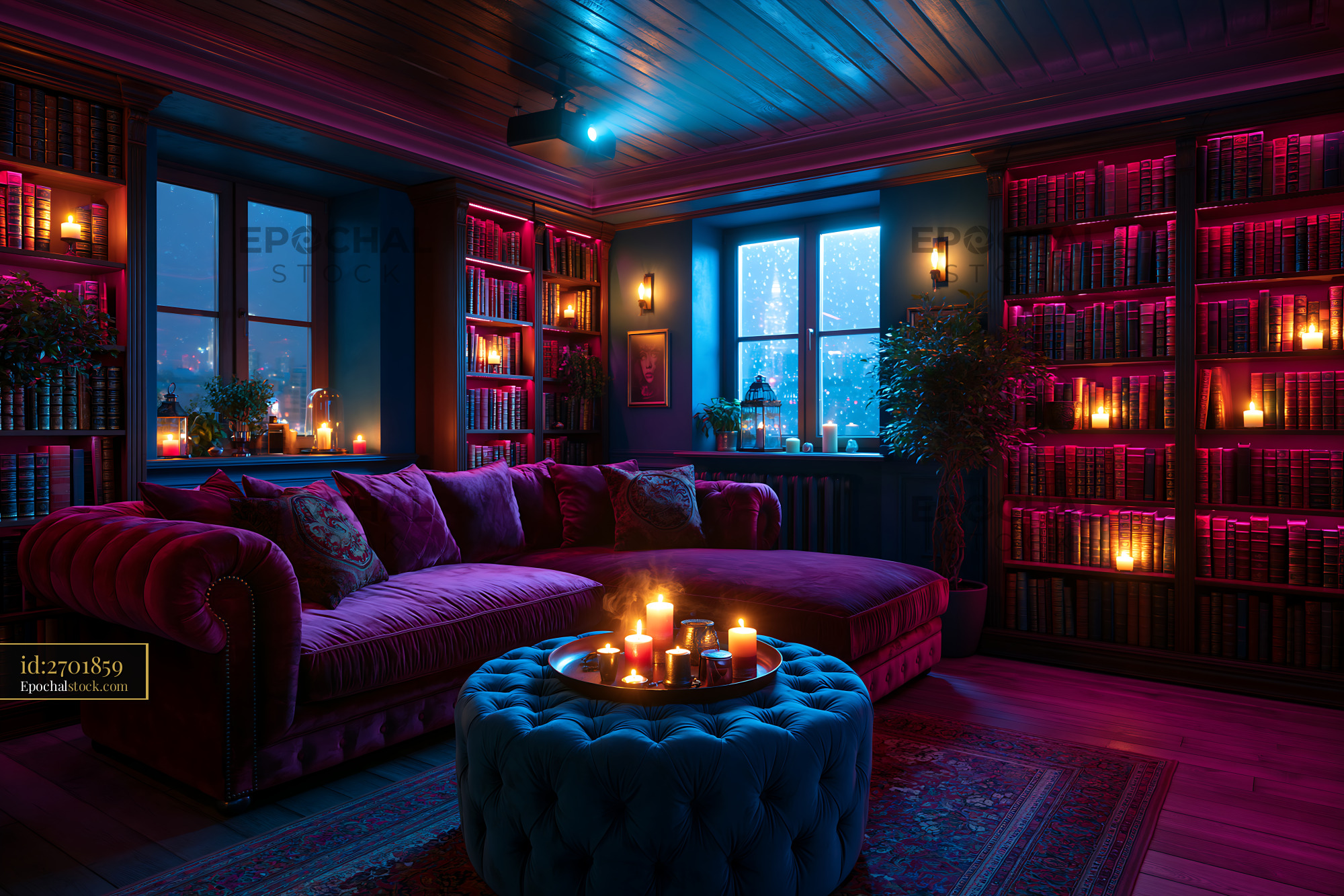 Watermarked full-resolution preview of Atmospheric library lounge illuminated by candles and colored light