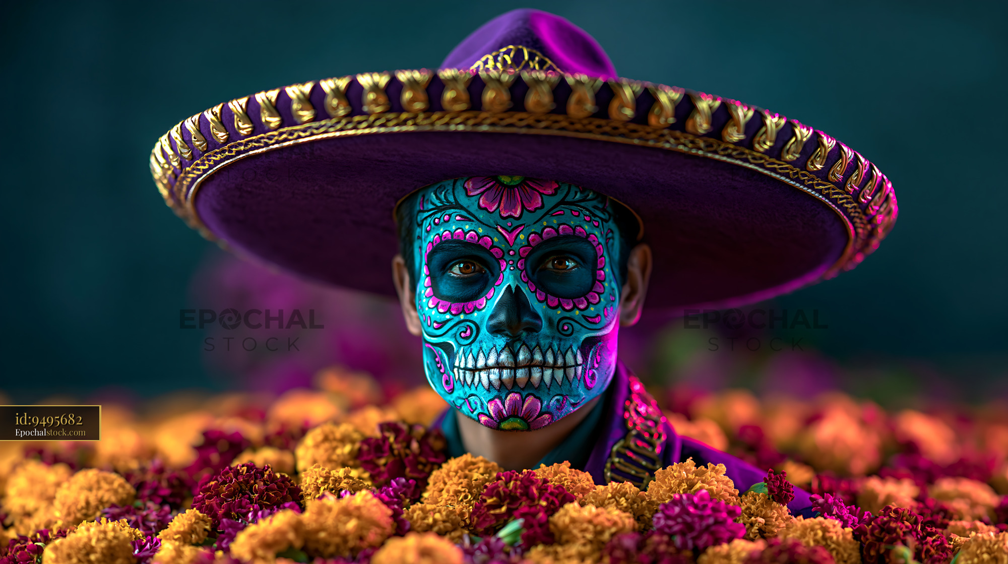 Watermarked full-resolution preview of Colorful skull makeup portrait among marigold flowers