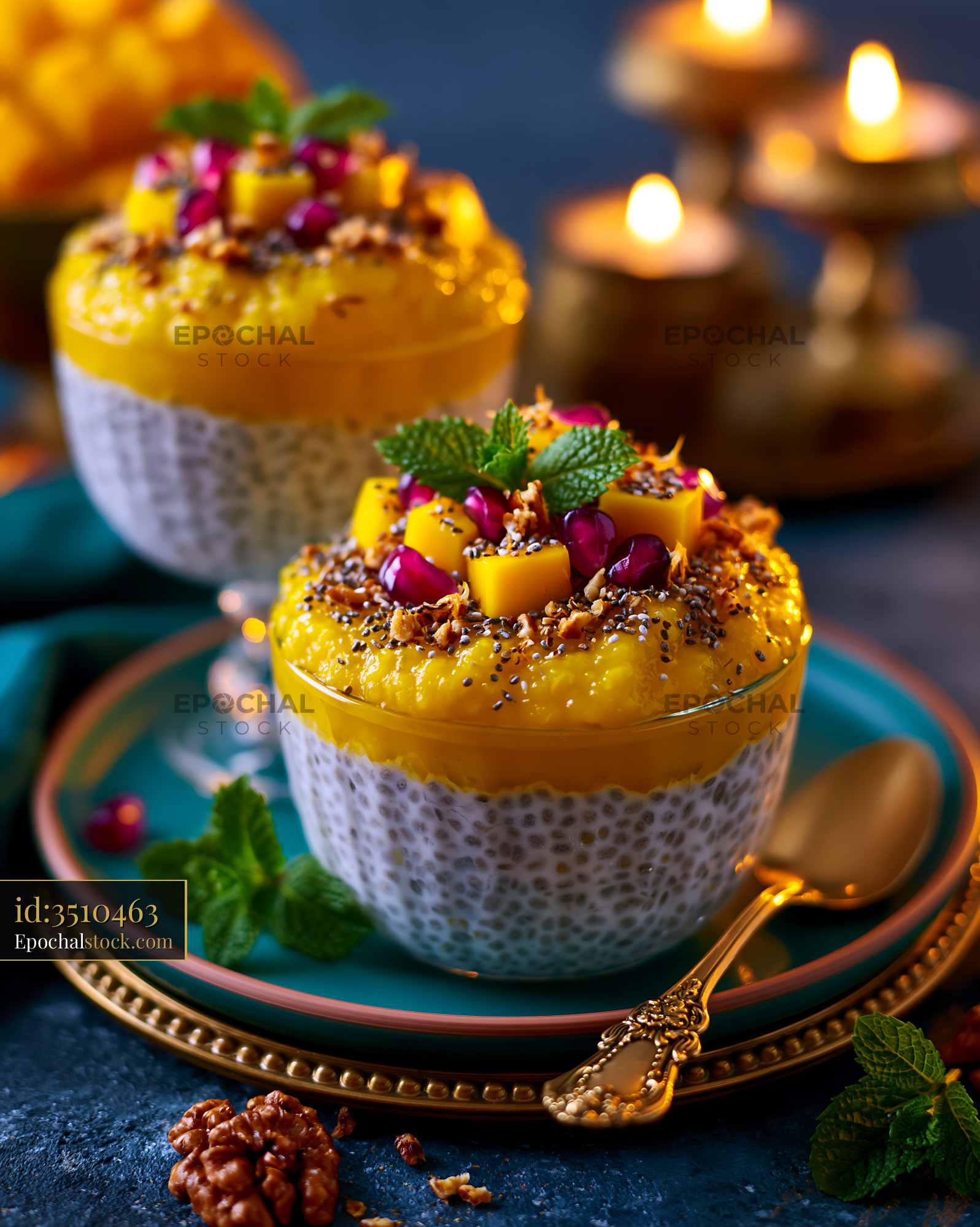 Watermarked full-resolution preview of Dessert served in bowls with mango and chia seeds on a table