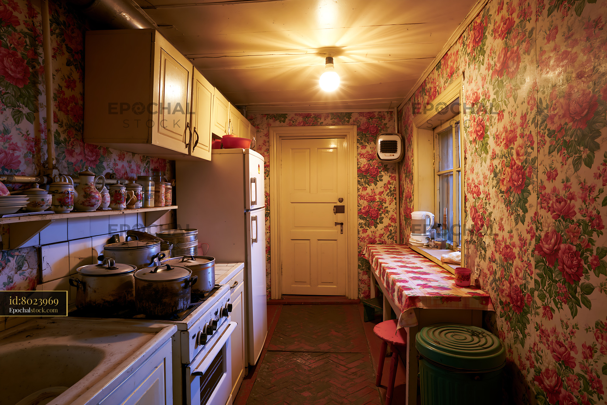Watermarked full-resolution preview of Simple kitchen with floral wallpaper and cooking equipment in view