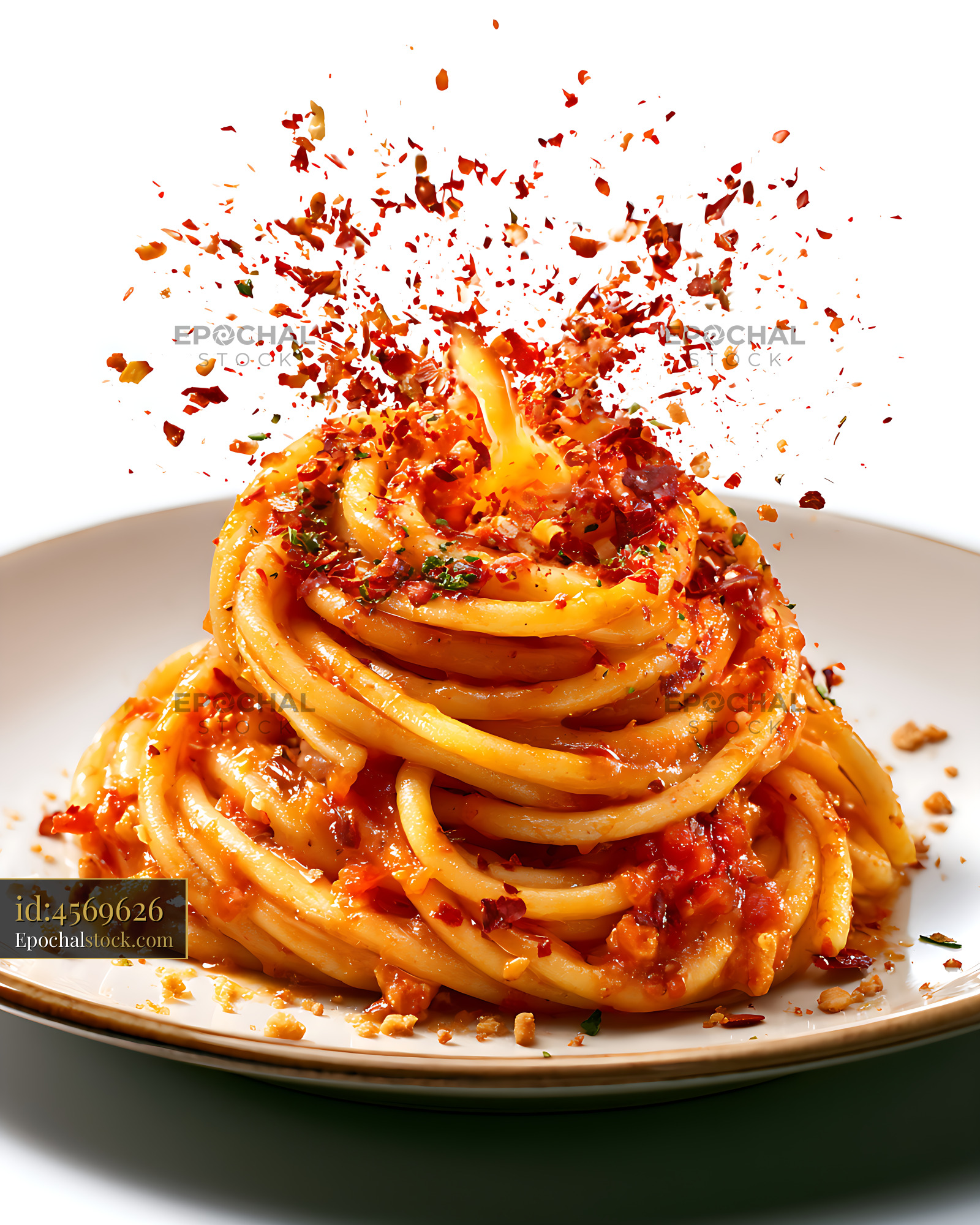 Watermarked full-resolution preview of Dramatic spaghetti pasta dish with tomato sauce and herbs