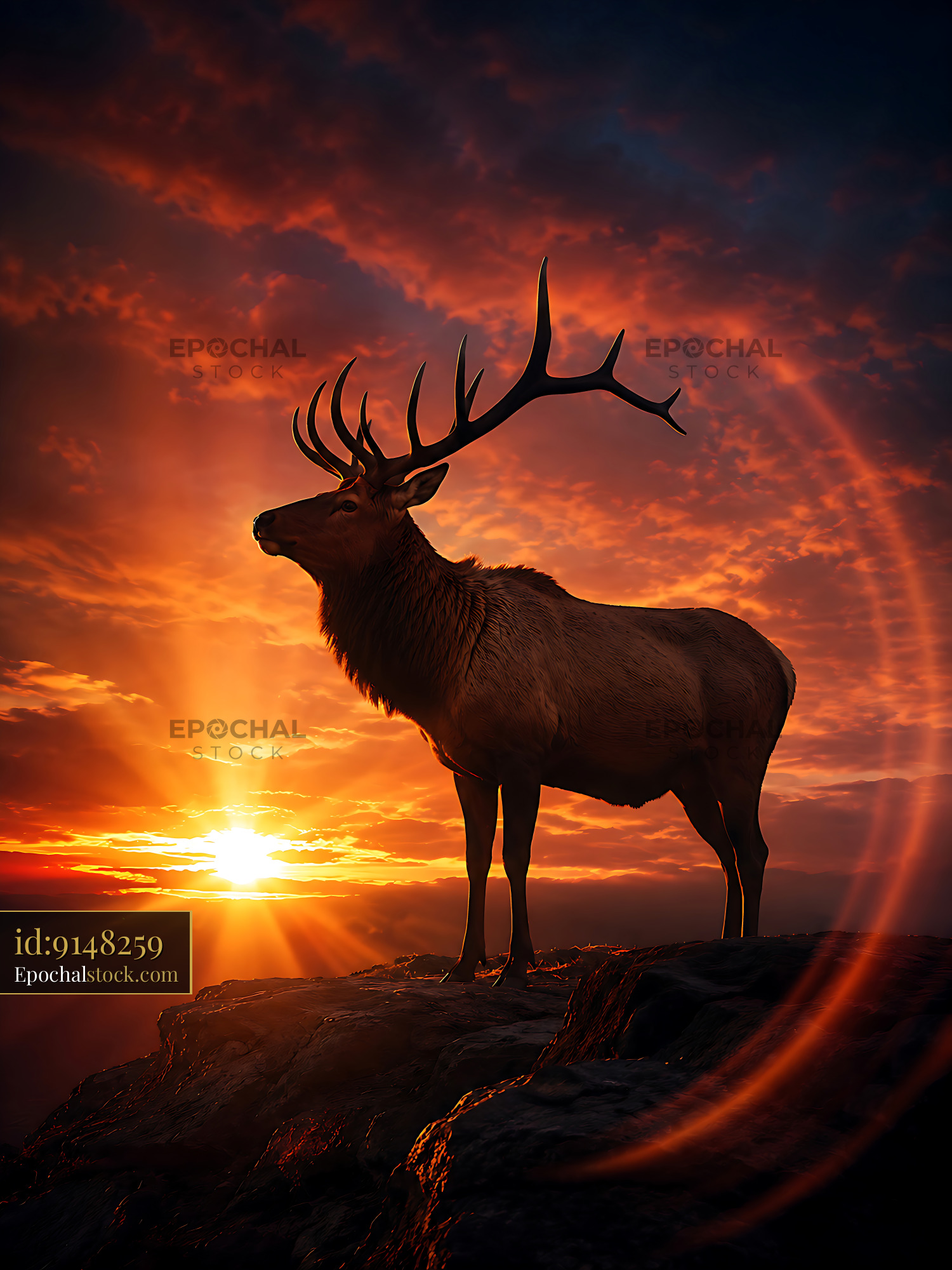 Watermarked full-resolution preview of Elk standing on rock at sunset in mountainous landscape