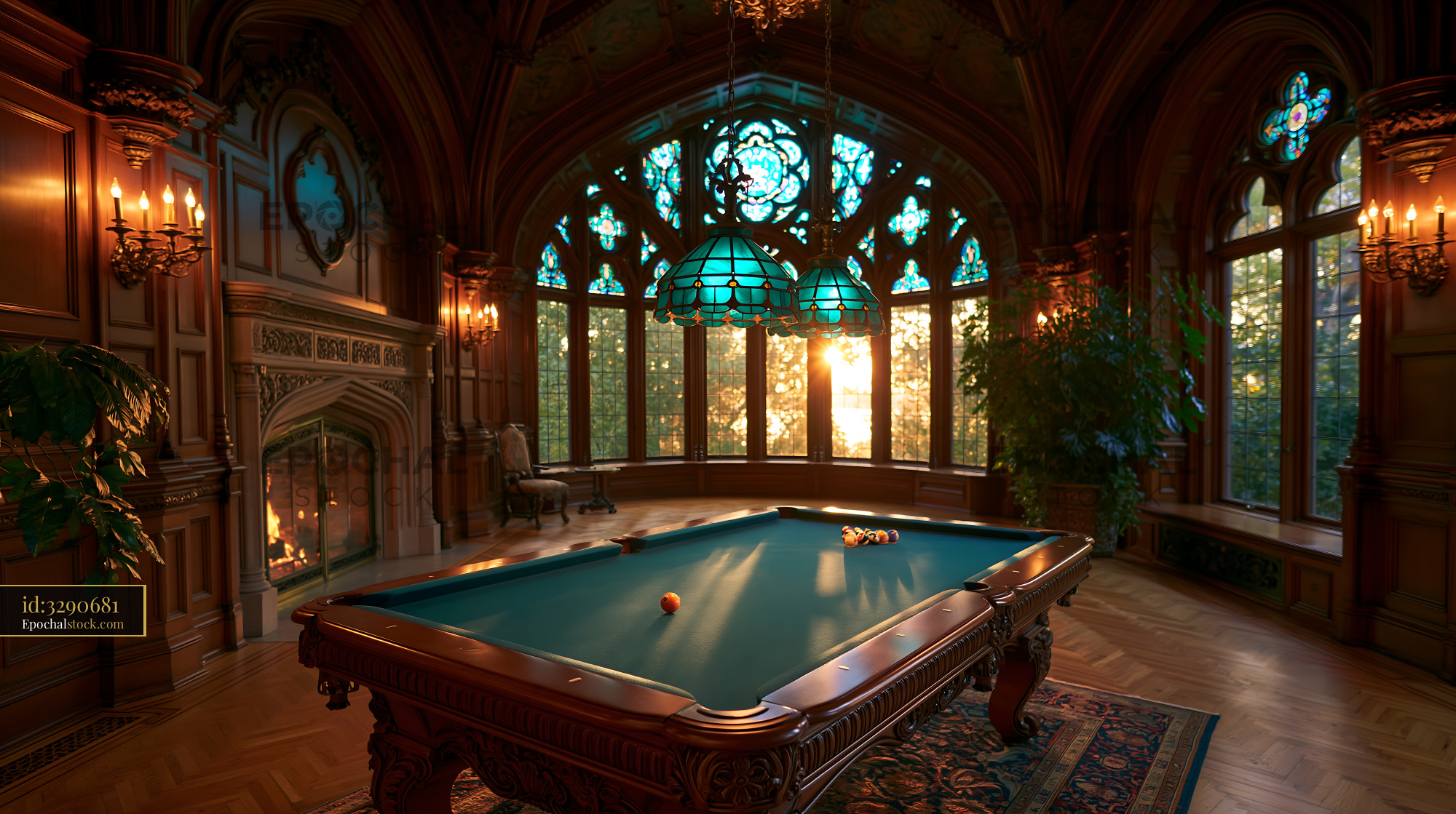 Watermarked full-resolution preview of Ornate billiards room glowing with warm sunlight