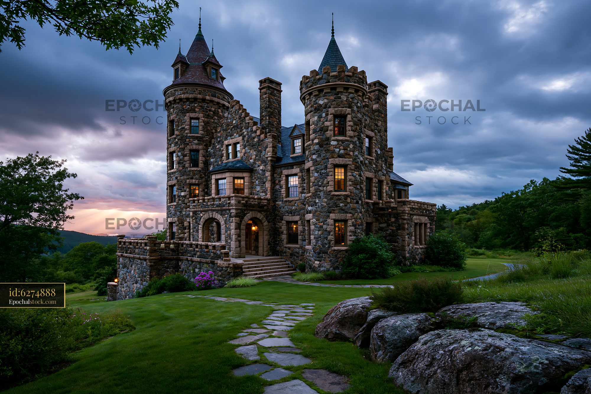 Watermarked full-resolution preview of Turreted stone house in a mountain landscape at sunset