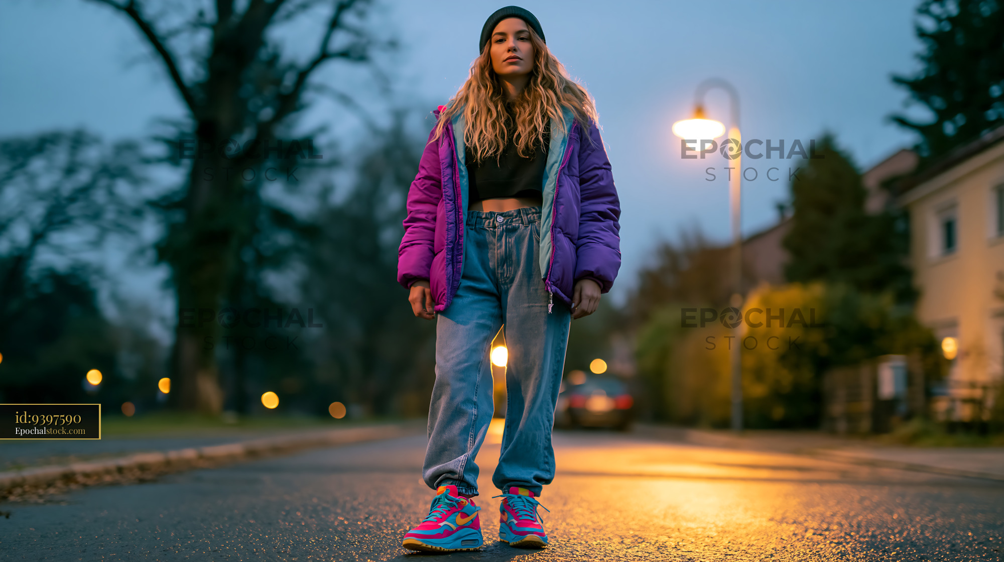 Watermarked full-resolution preview of Young person standing on street at dusk in urban setting
