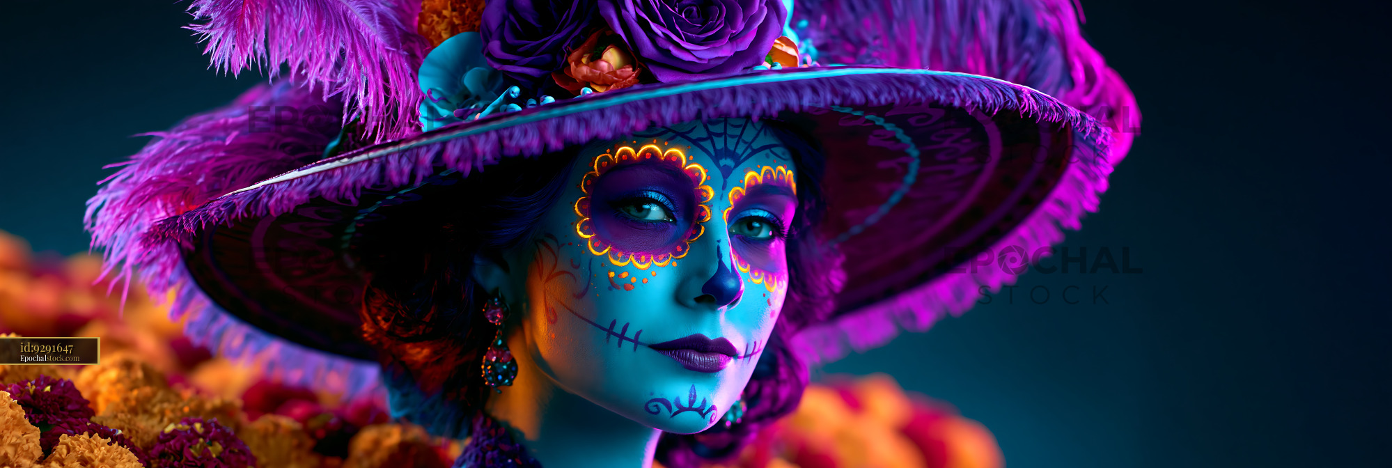 Watermarked full-resolution preview of Colorful close-up portrait with decorative face paint and featheredhat