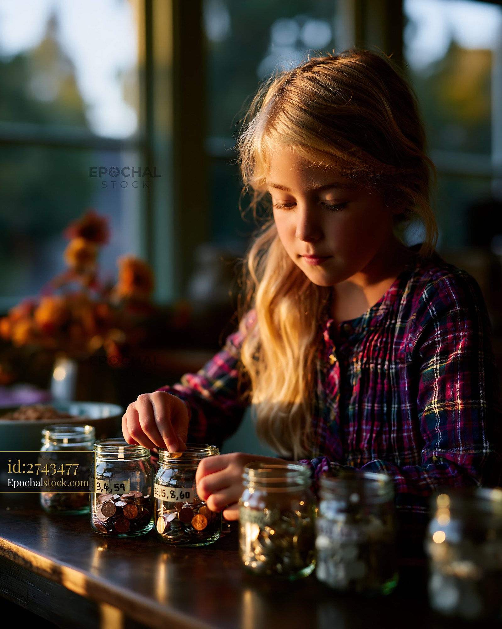 Watermarked full-resolution preview of Child counting coins in jars during evening light