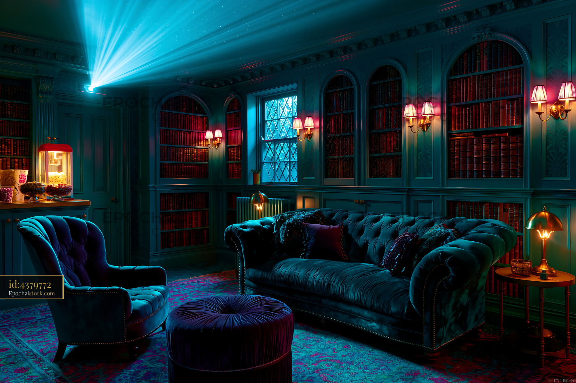 Dark Academia Basement Cinema With Bookshelves and Seating Area - stock photo