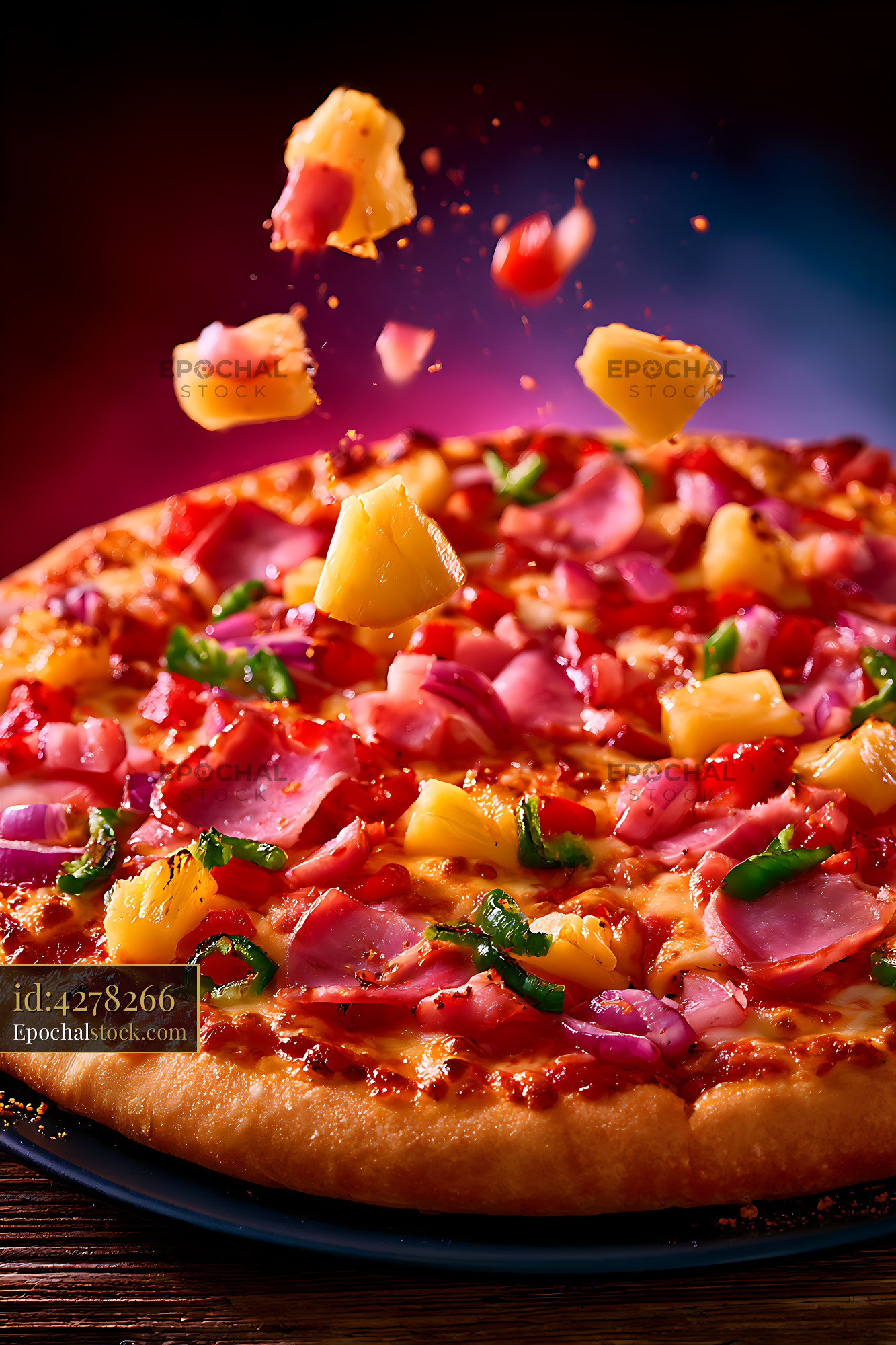 Watermarked full-resolution preview of Colorful Pizza with Ham and Pineapple Toppings