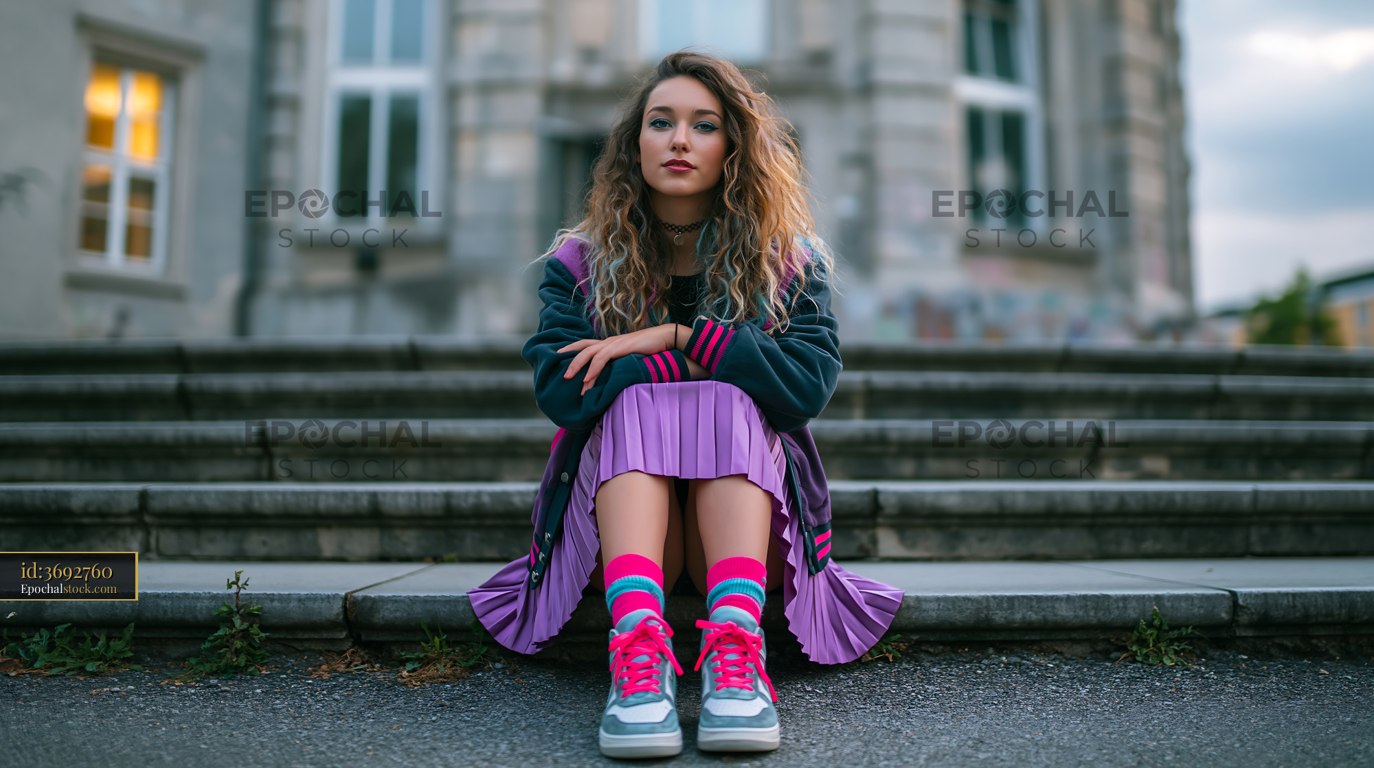 Watermarked full-resolution preview of Woman sitting on steps with a city building in the background