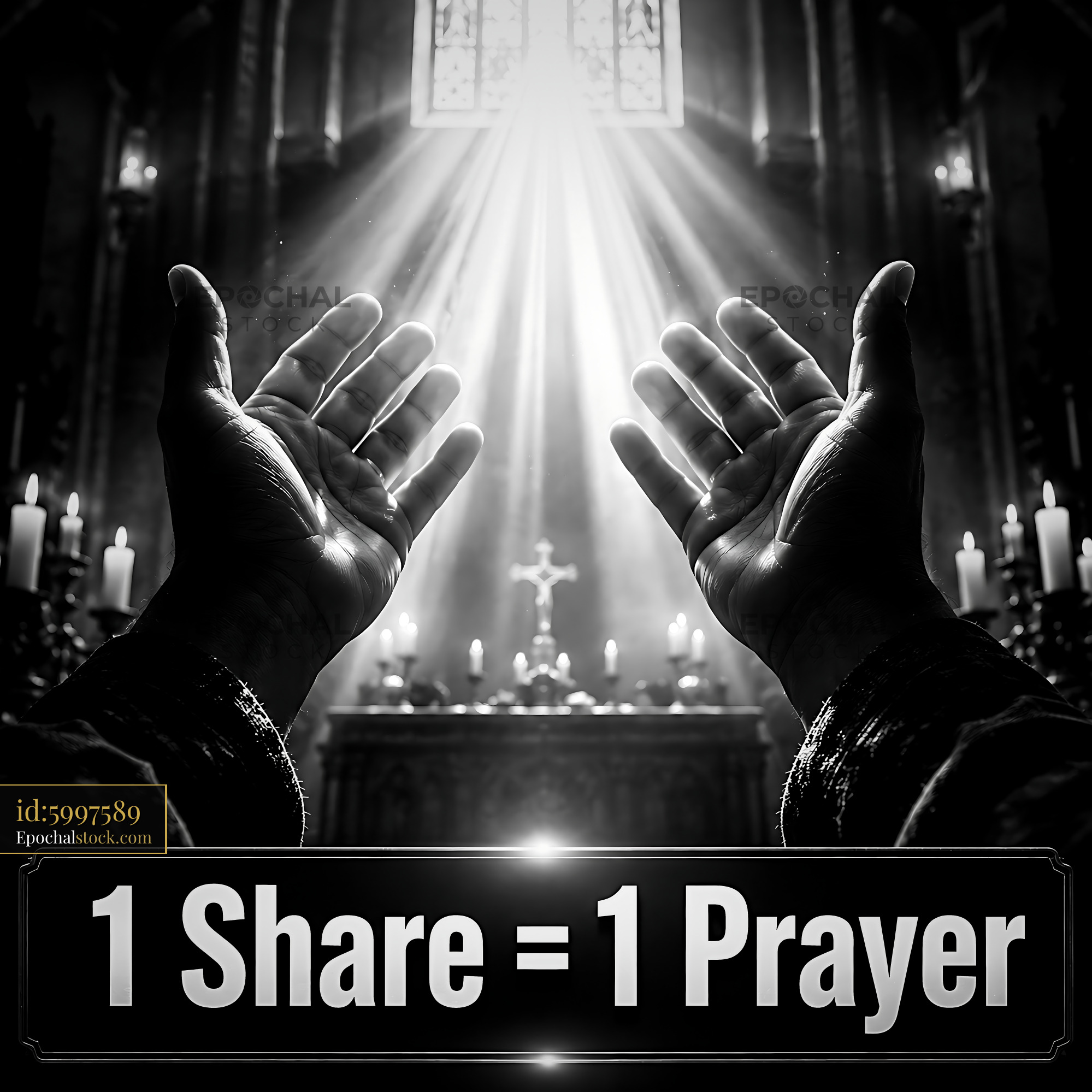 Watermarked full-resolution preview of Hands raised in prayer with light streaming through church windows