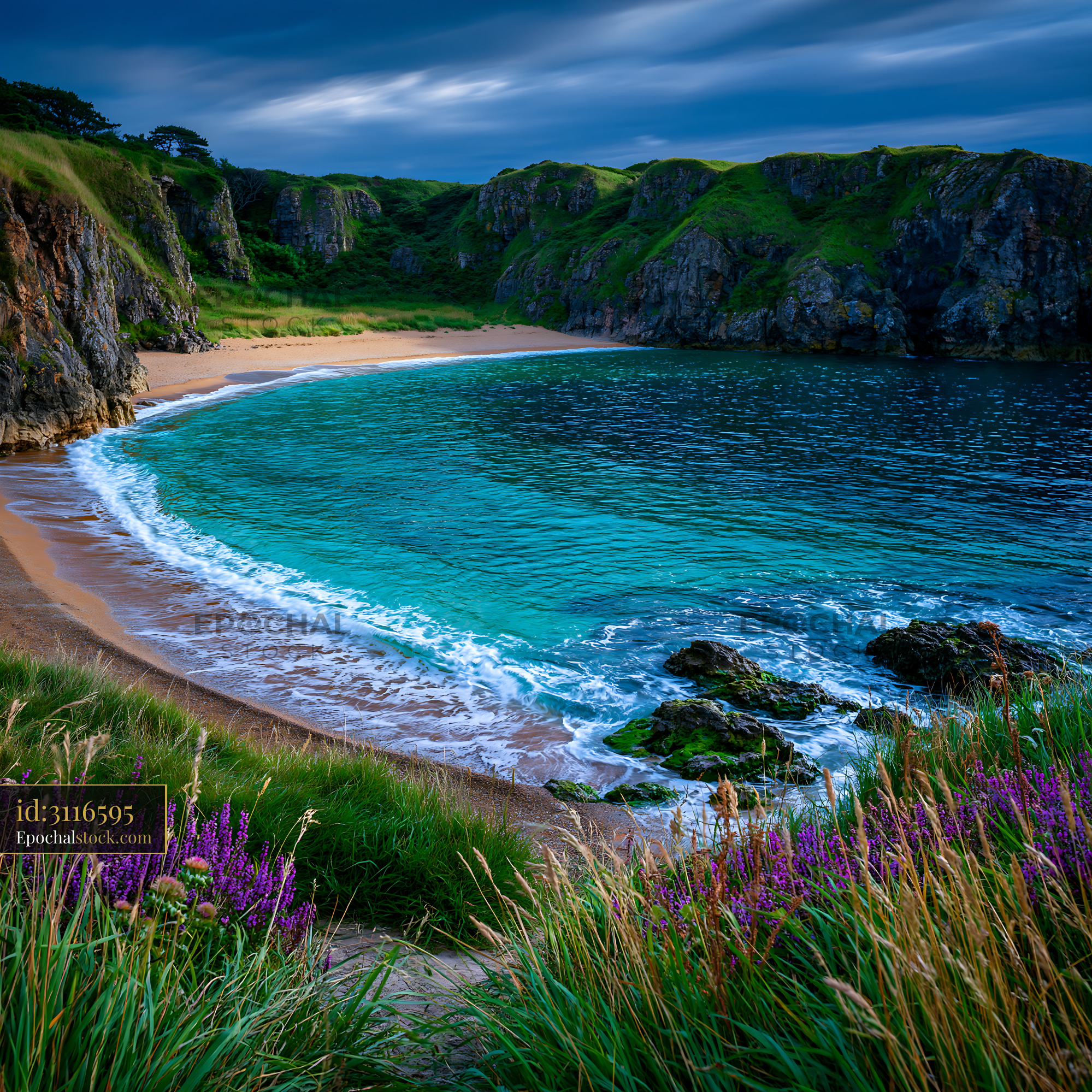 Watermarked full-resolution preview of Coastal view with sandy beach and rocky shoreline