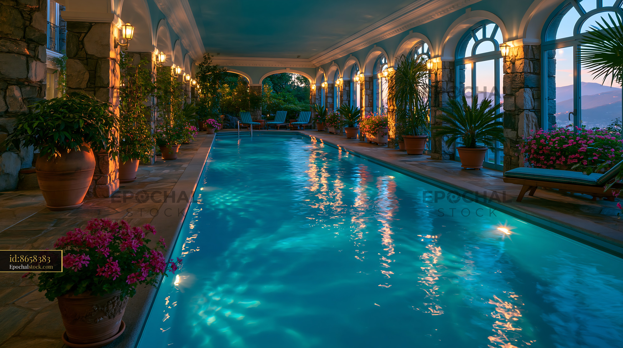 Watermarked full-resolution preview of Indoor pool area with plants and lights during sunset