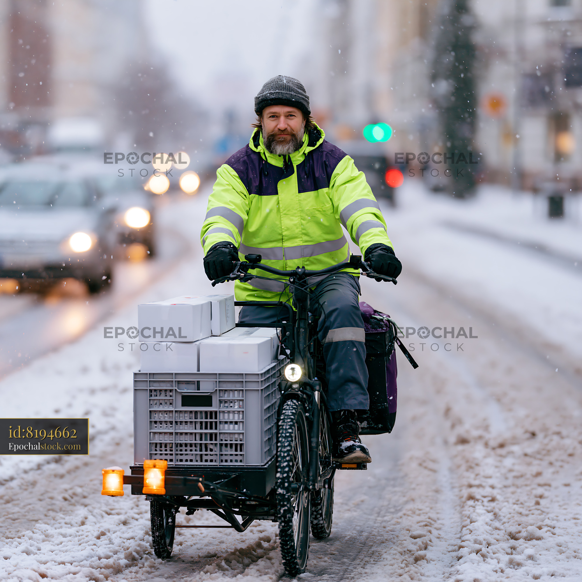 Cargo Bike Courier Delivering in Winter Weather in City Street - stock photo