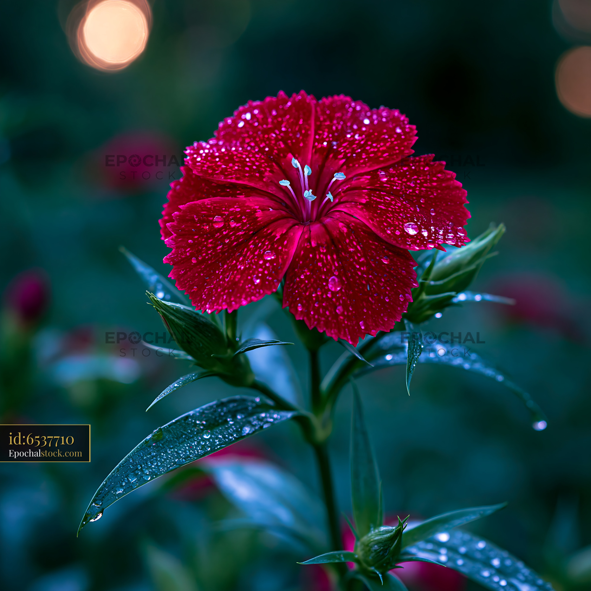 Watermarked full-resolution preview of Bright red flower with water droplets in evening garden