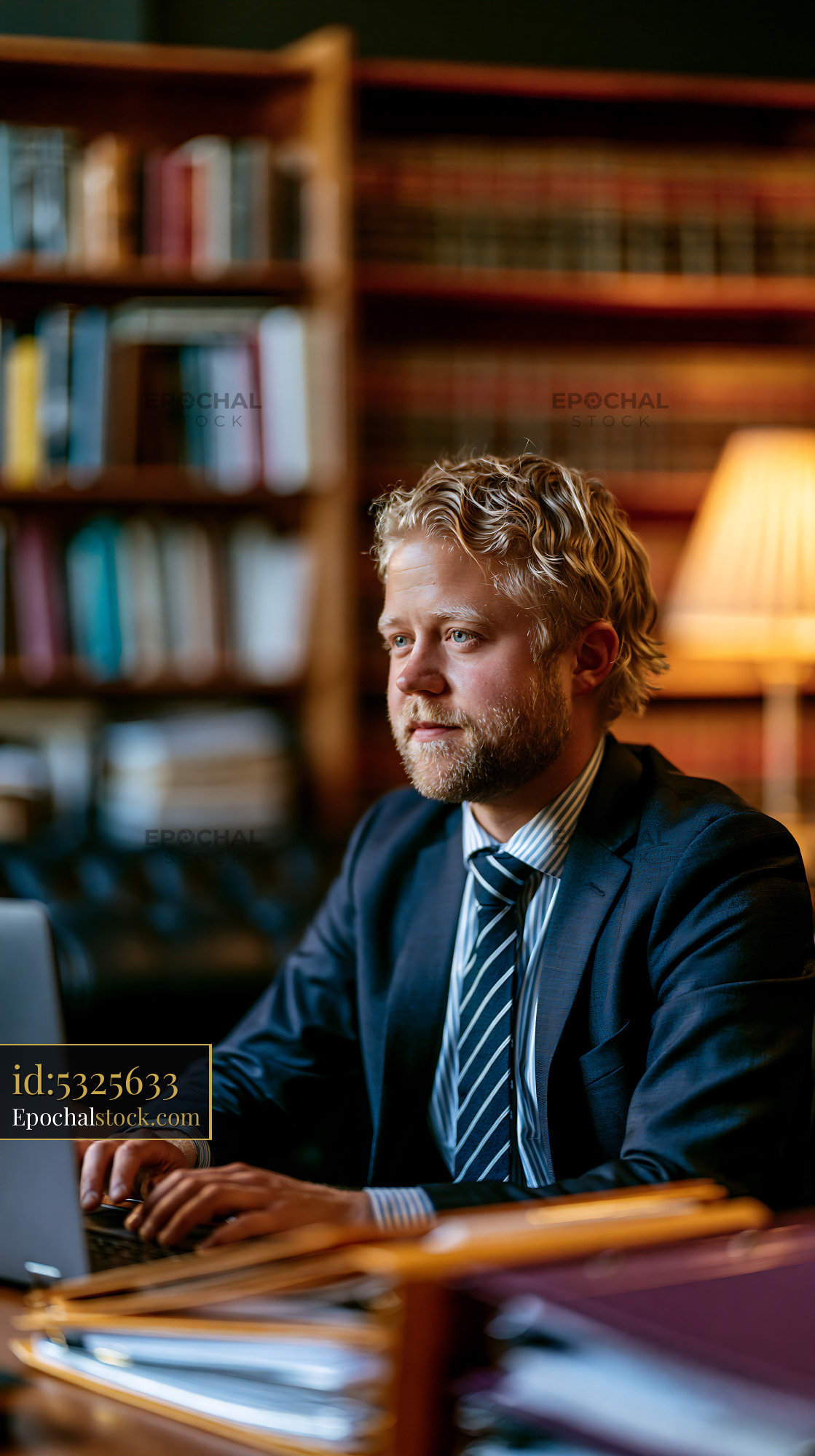 Watermarked full-resolution preview of Businessman working in a law library