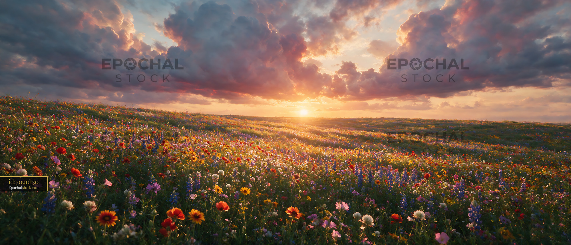 Wildflowers Blooming at Sunset in a Vibrant Meadow - stock photo