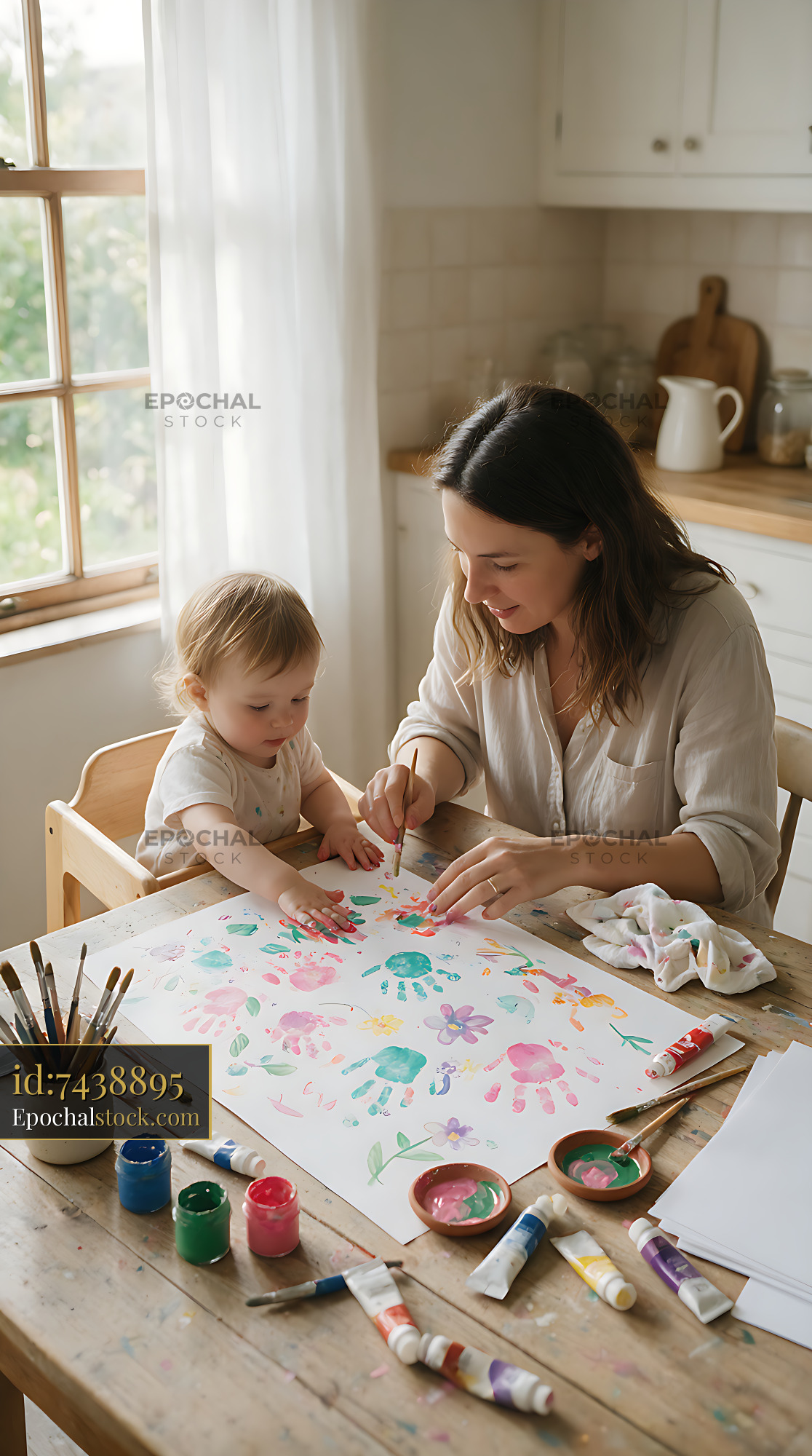 Watermarked full-resolution preview of Mother and child creating colorful artwork in the kitchen