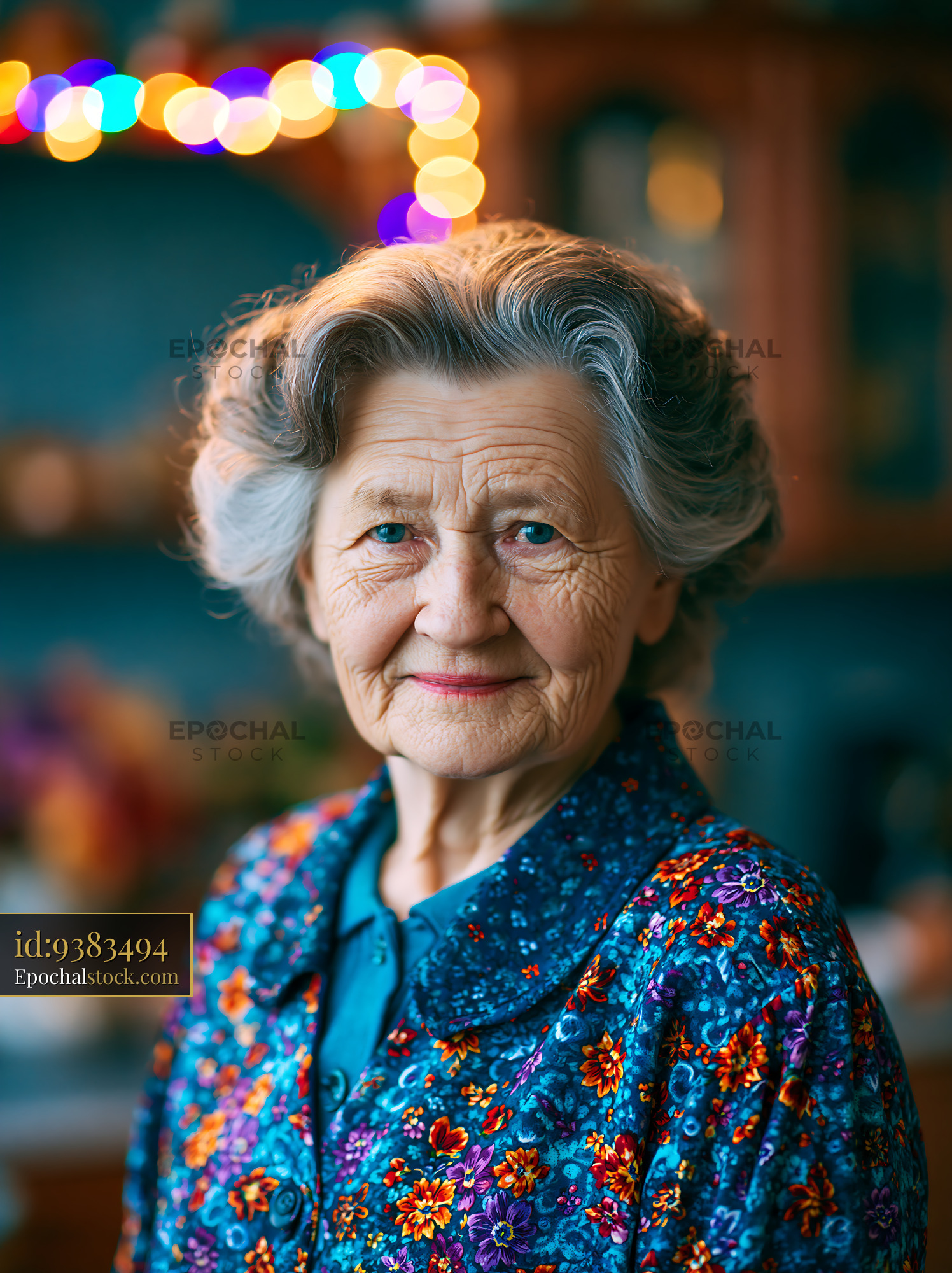 Watermarked full-resolution preview of Elderly woman smiling in a cozy kitchen setting