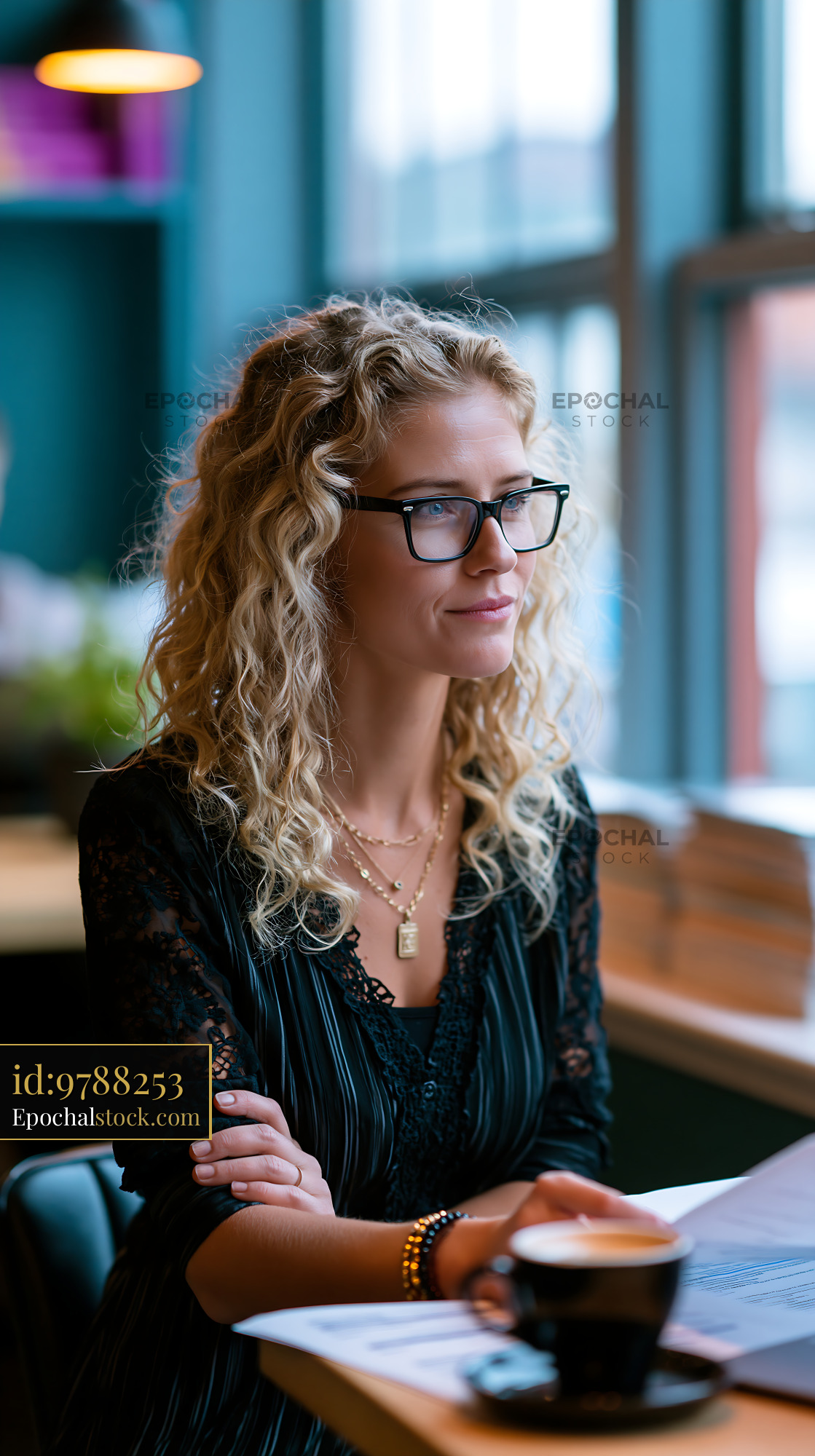 Watermarked full-resolution preview of Woman sitting in a cafe with coffee and reading a book