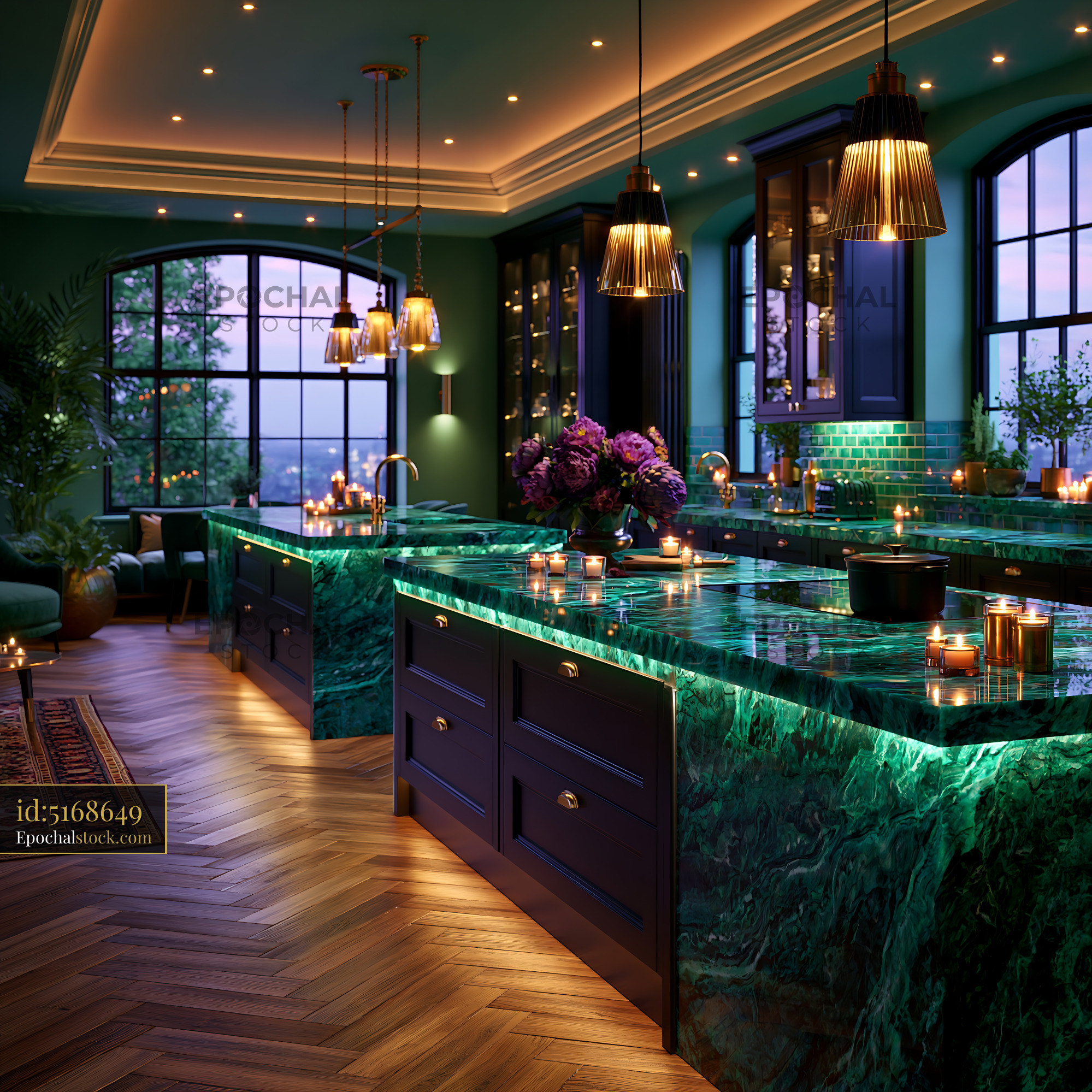 Watermarked full-resolution preview of Modern kitchen with green stone countertops and warm lighting