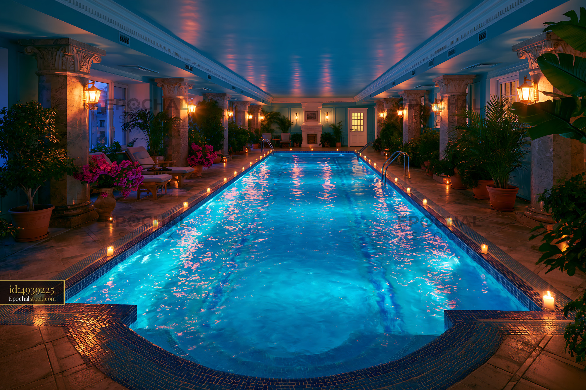 Watermarked full-resolution preview of Indoor swimming pool with blue water and bright lights at night