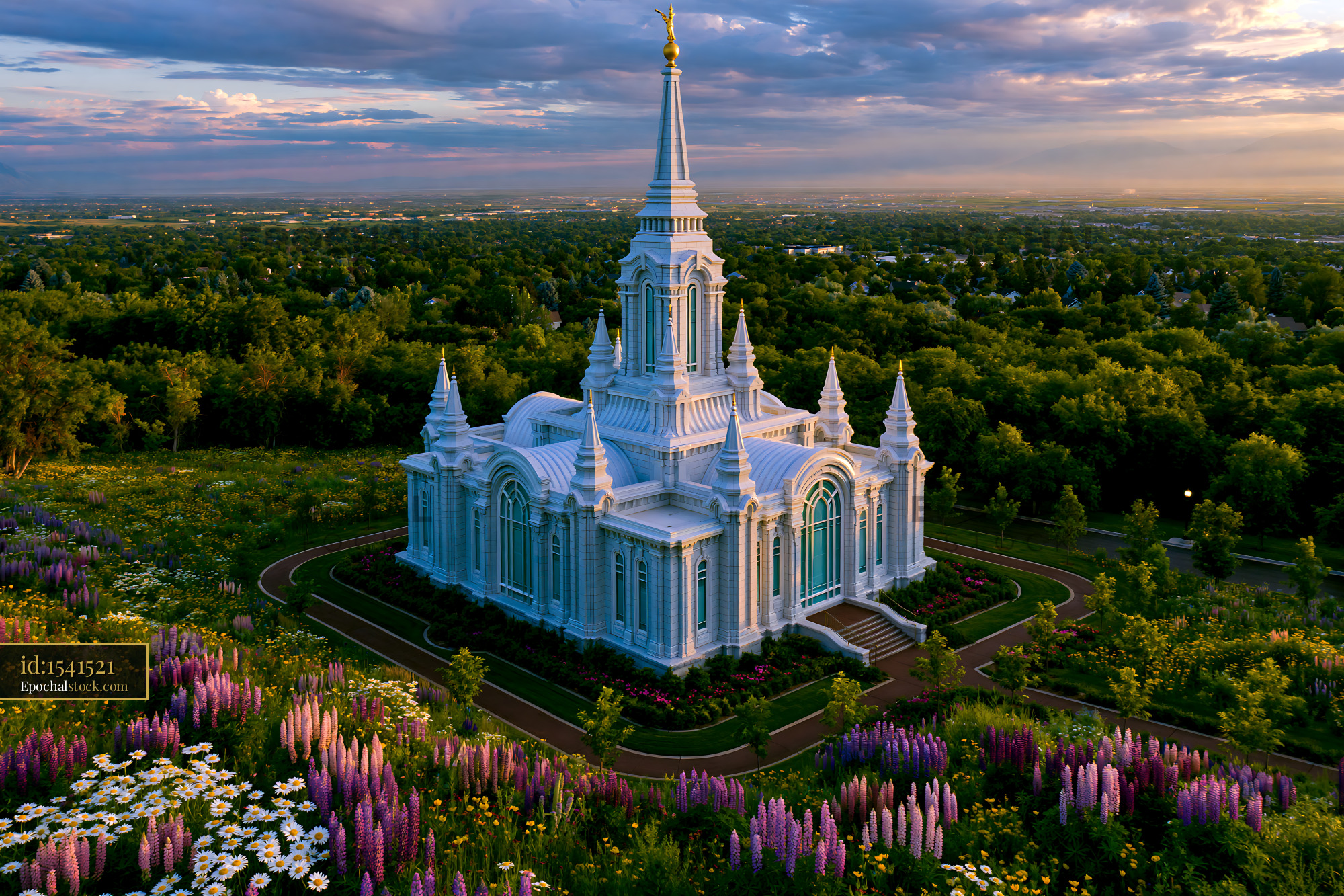 Watermarked full-resolution preview of White church building surrounded by green trees and flowers