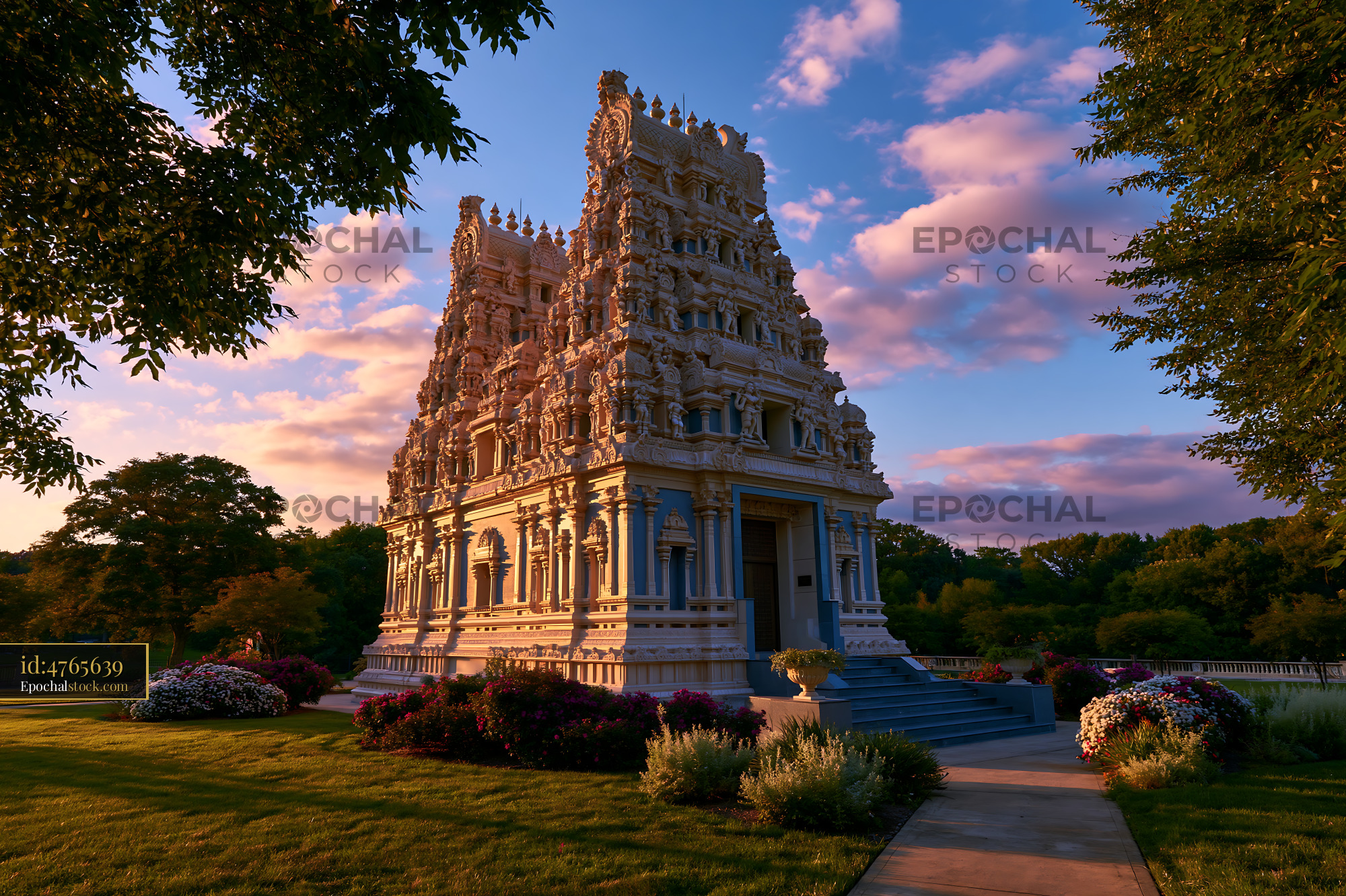 Watermarked full-resolution preview of Sunset view of a Hindu temple surrounded by trees and flowers