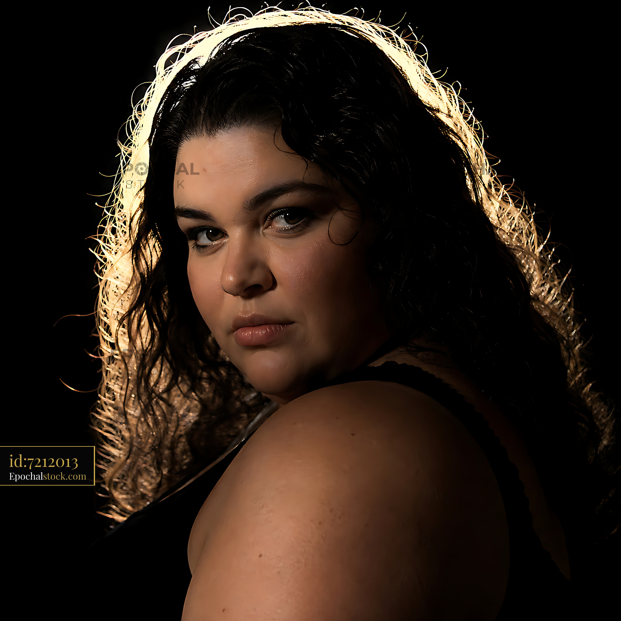 Watermarked full-resolution preview of Portrait of a woman with curly hair against a dark background