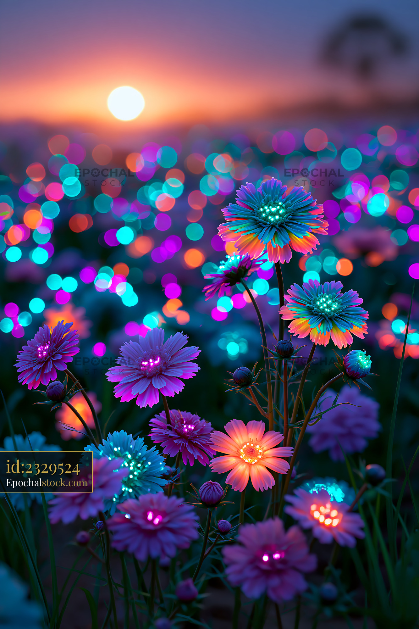 Watermarked full-resolution preview of Colorful flowers glow at sunset in a vibrant field