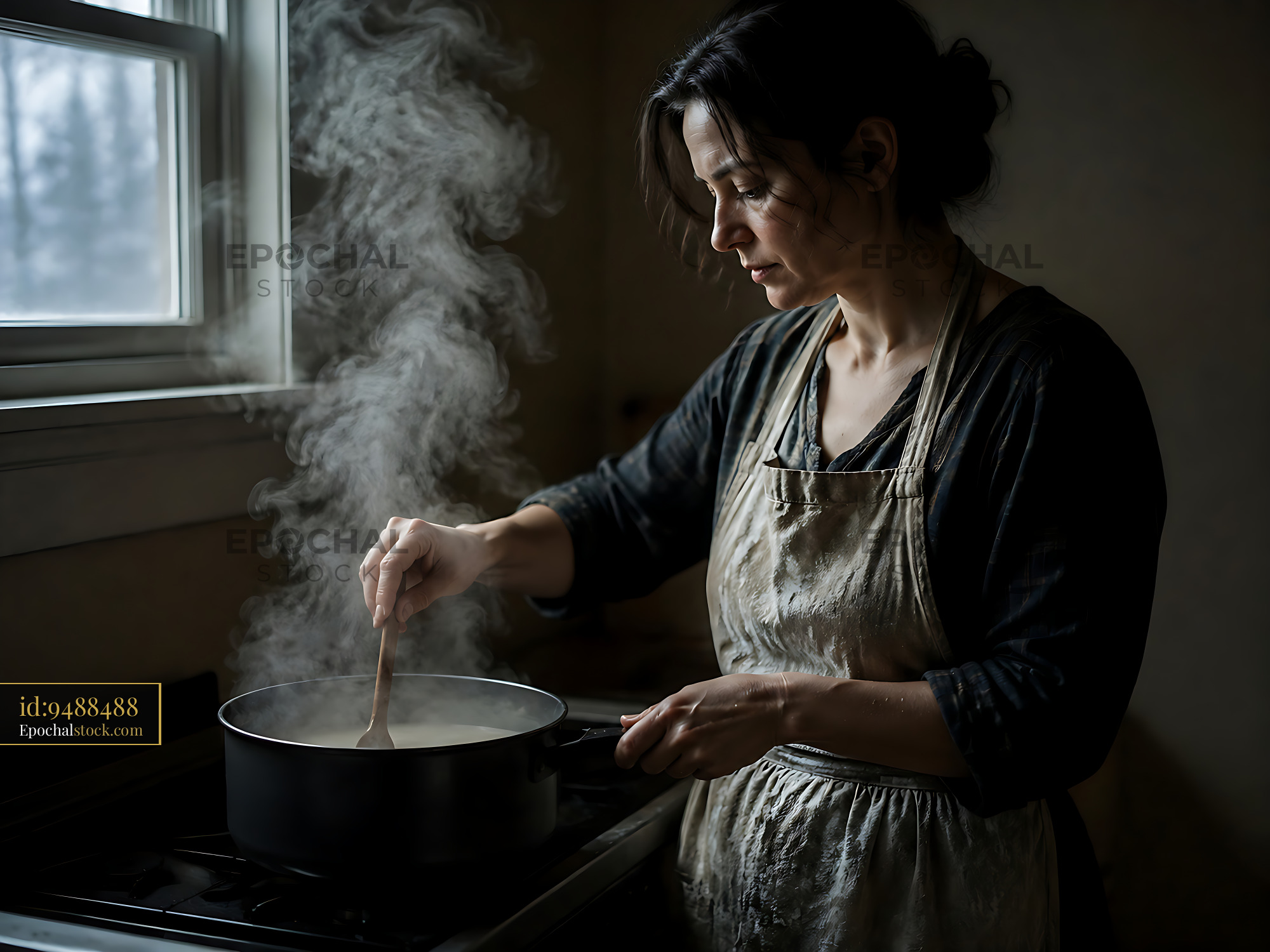 Watermarked full-resolution preview of Woman cooking on a stove in a kitchen with steam rising