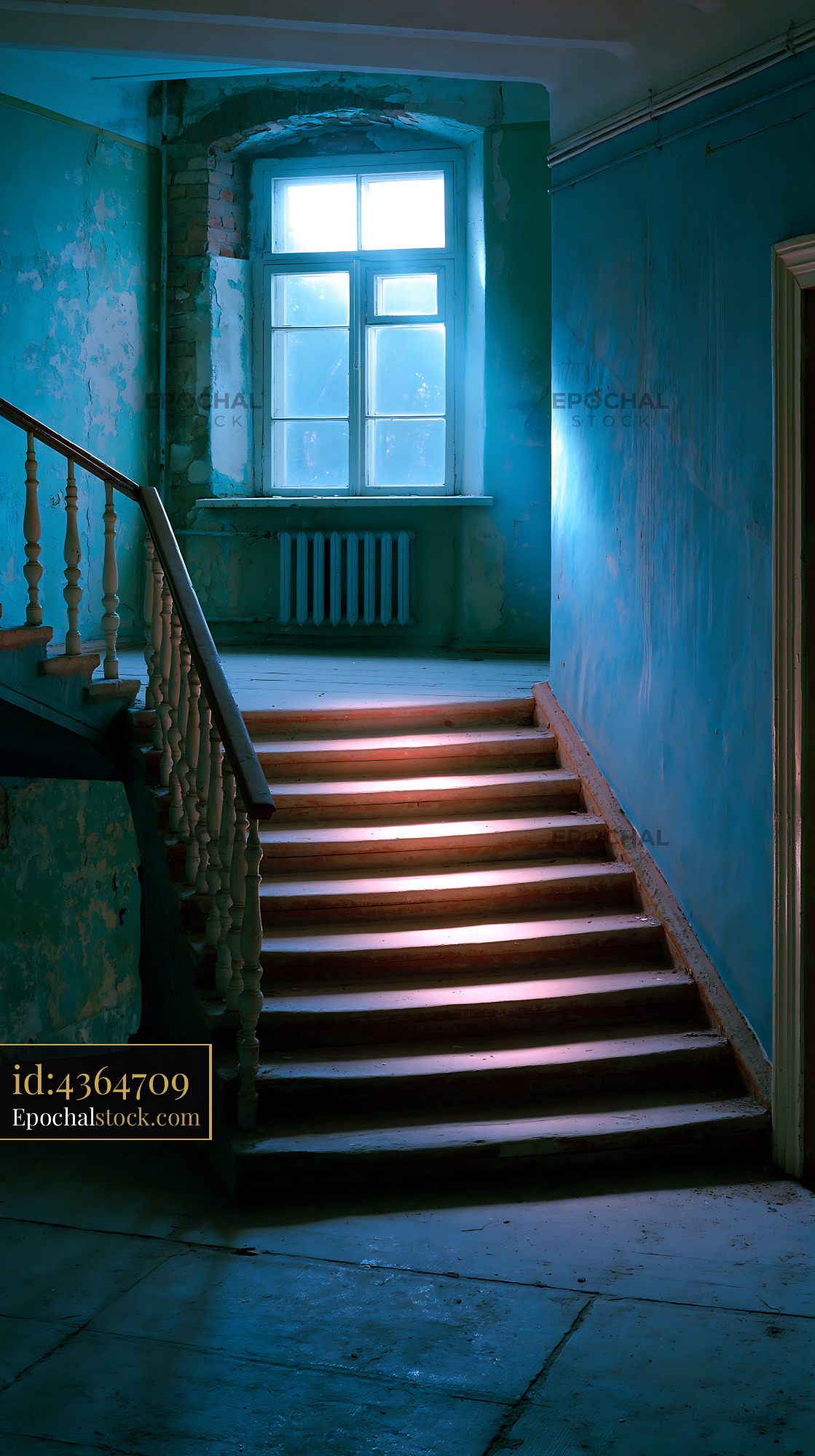 Watermarked full-resolution preview of Staircase with blue walls and natural light coming through a window